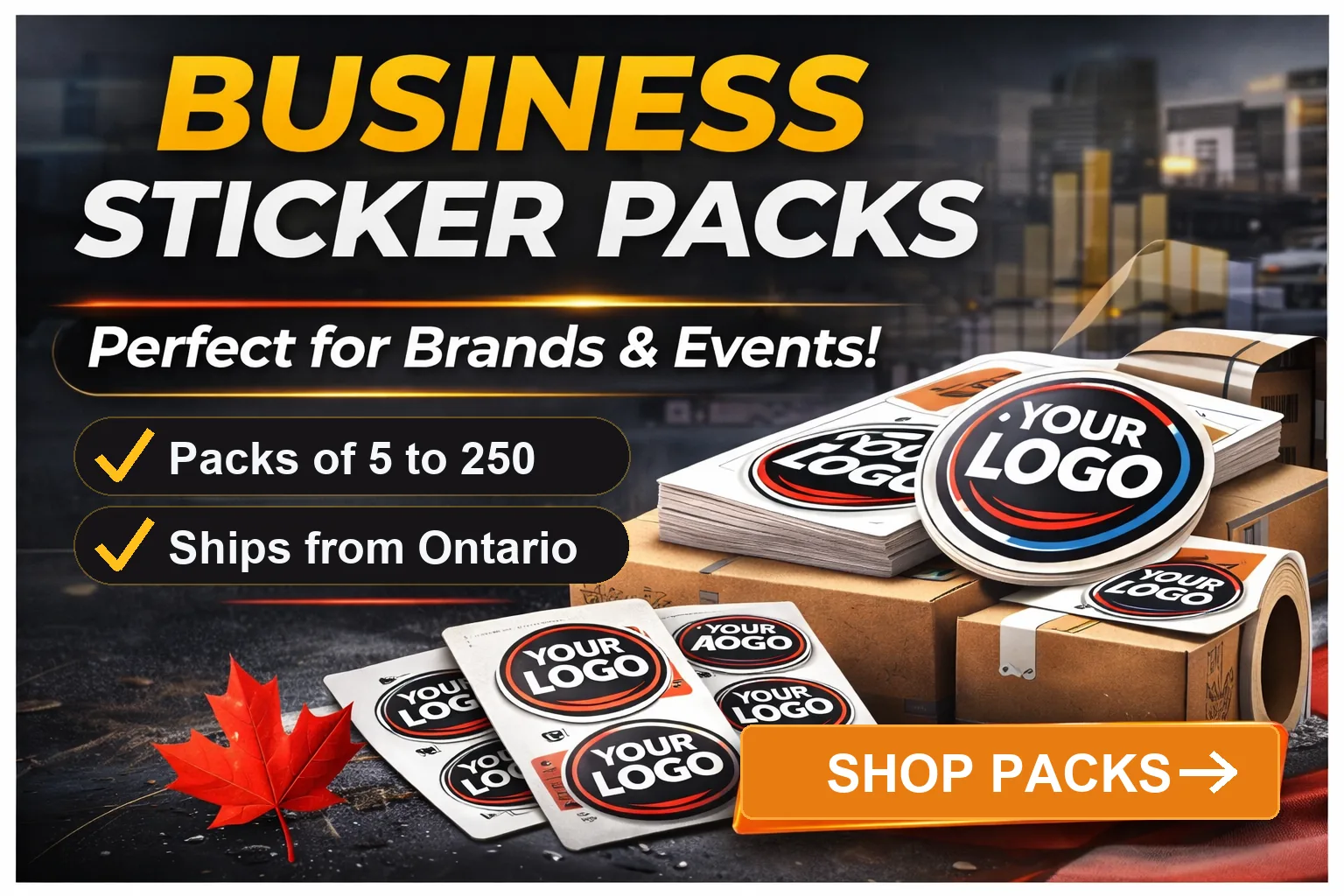 Business sticker packs stacked with shipping boxes and branded logo stickers