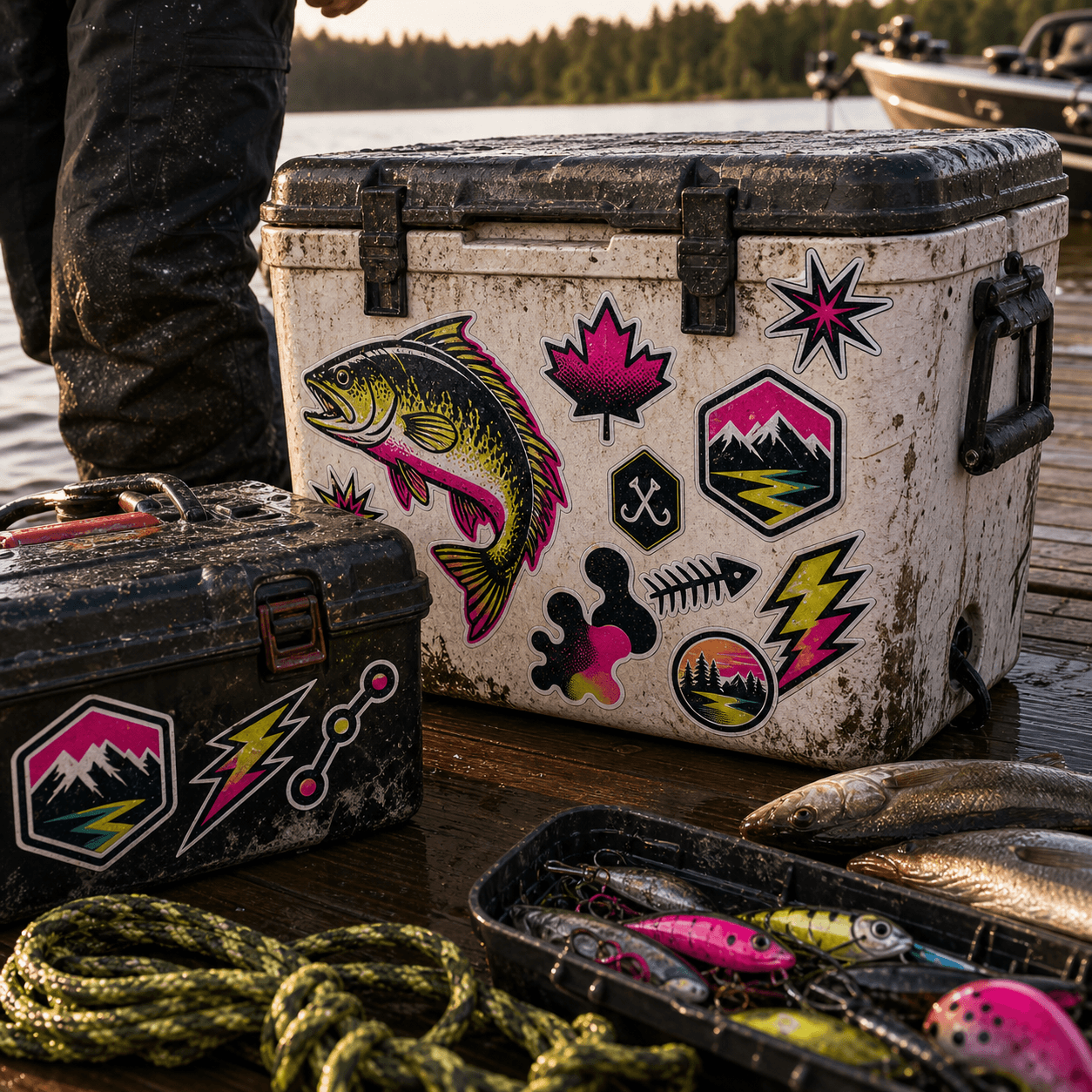 Custom waterproof stickers on a cooler and tackle box
