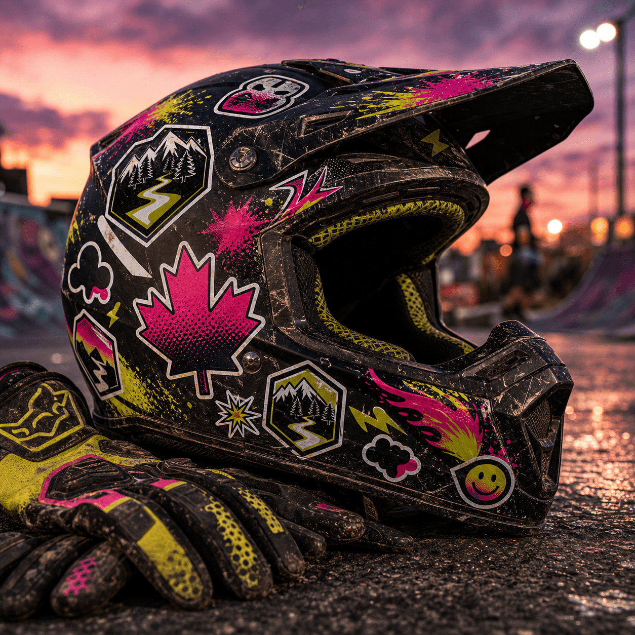Custom crew stickers on a helmet