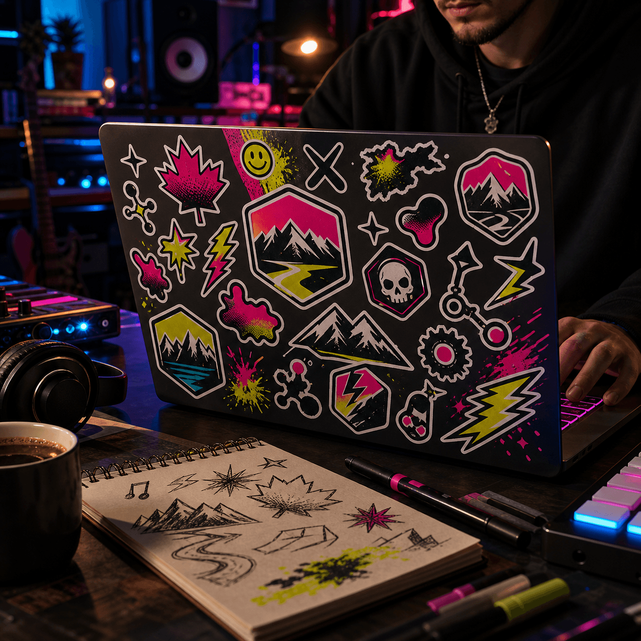 Custom creator stickers on a laptop
