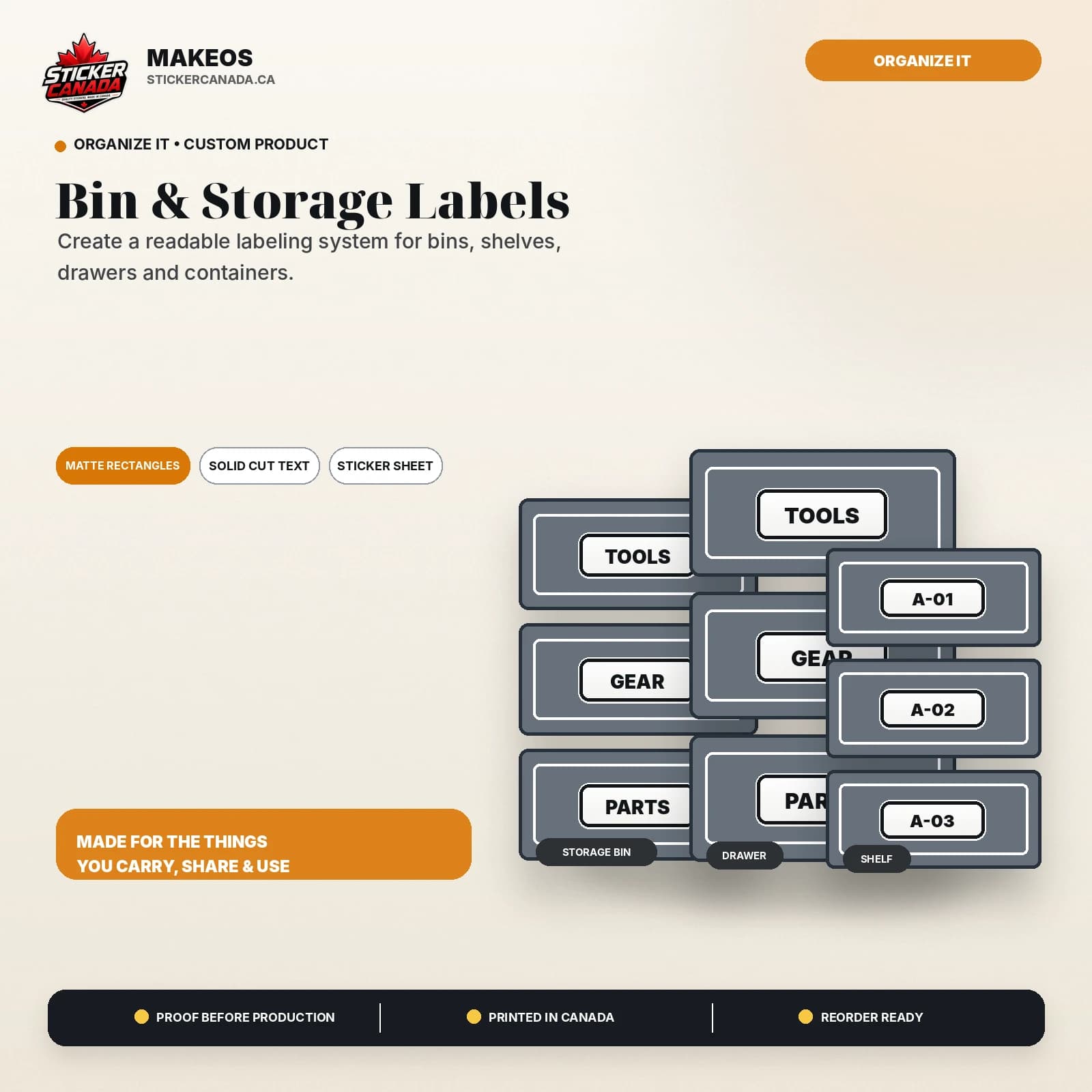 Bin & Storage Labels product overview for storage bin, drawer, shelf