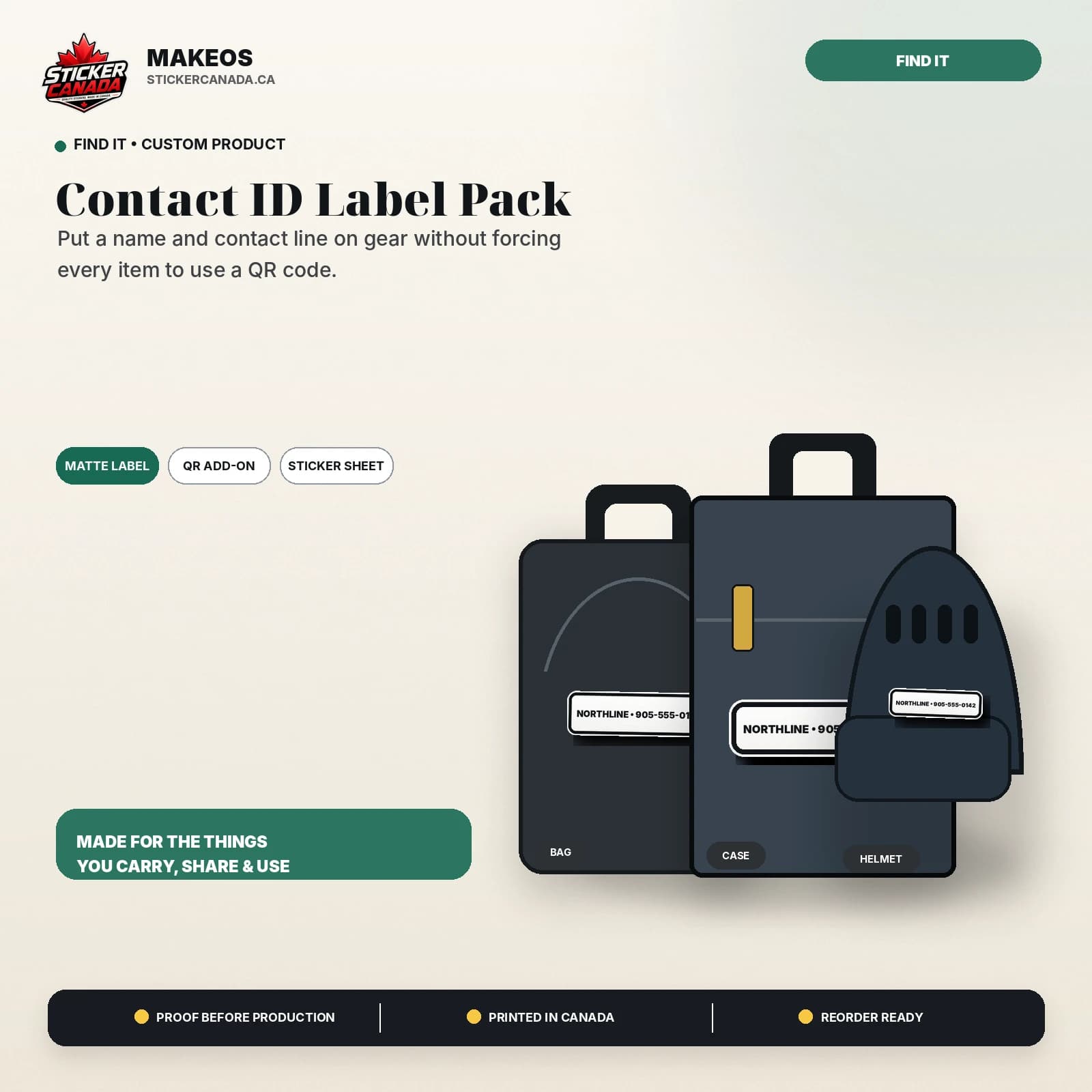 Contact ID Label Pack product overview for bag, case, helmet