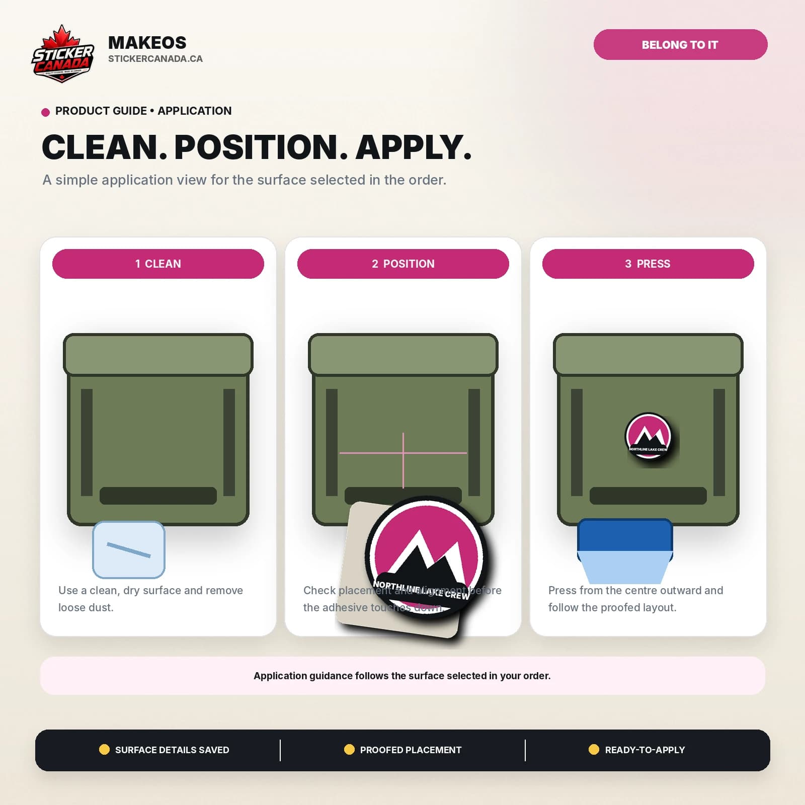 Family, Cottage & Lake Crew Pack application steps for cooler, tumbler, case