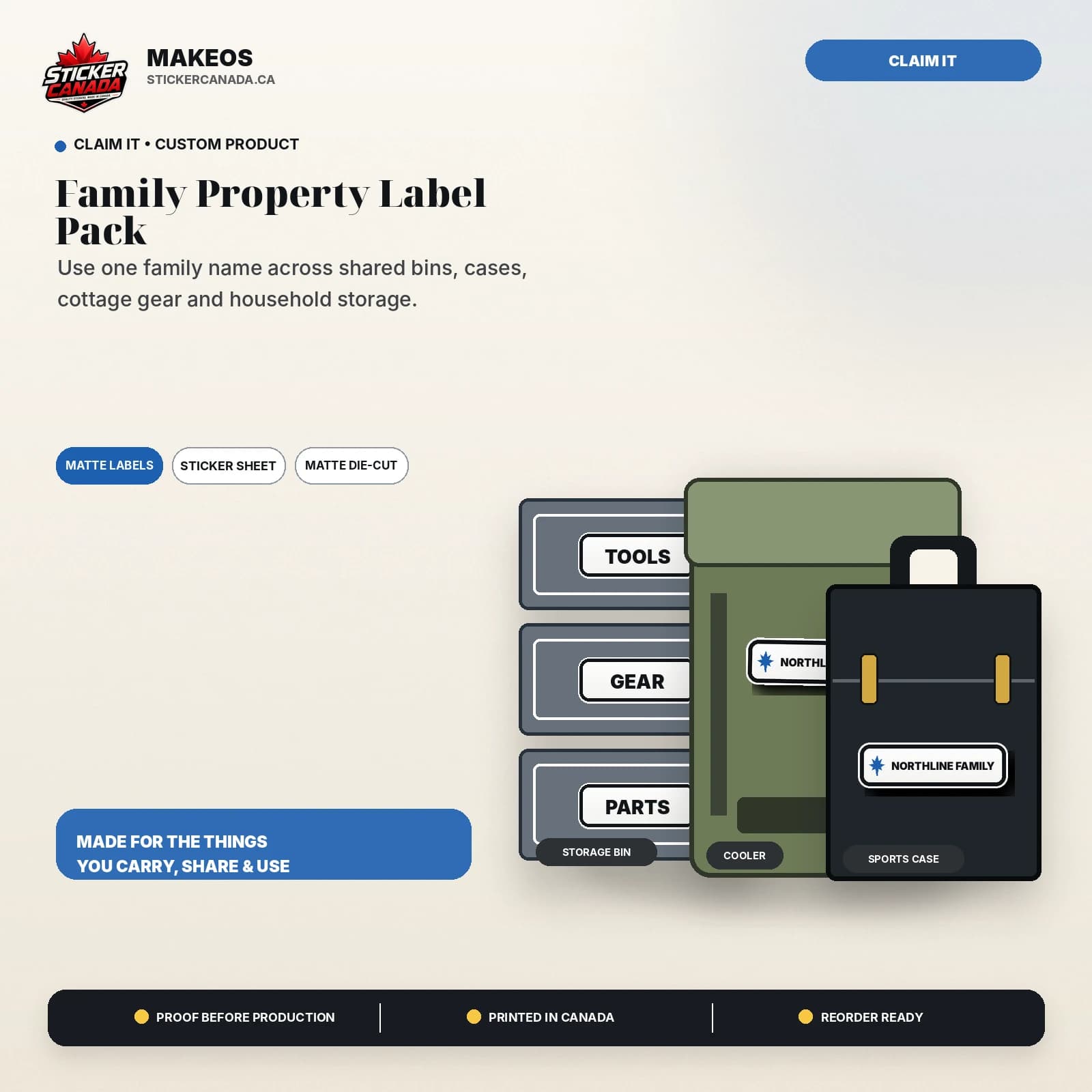 Family Property Label Pack product overview for storage bin, cooler, sports case