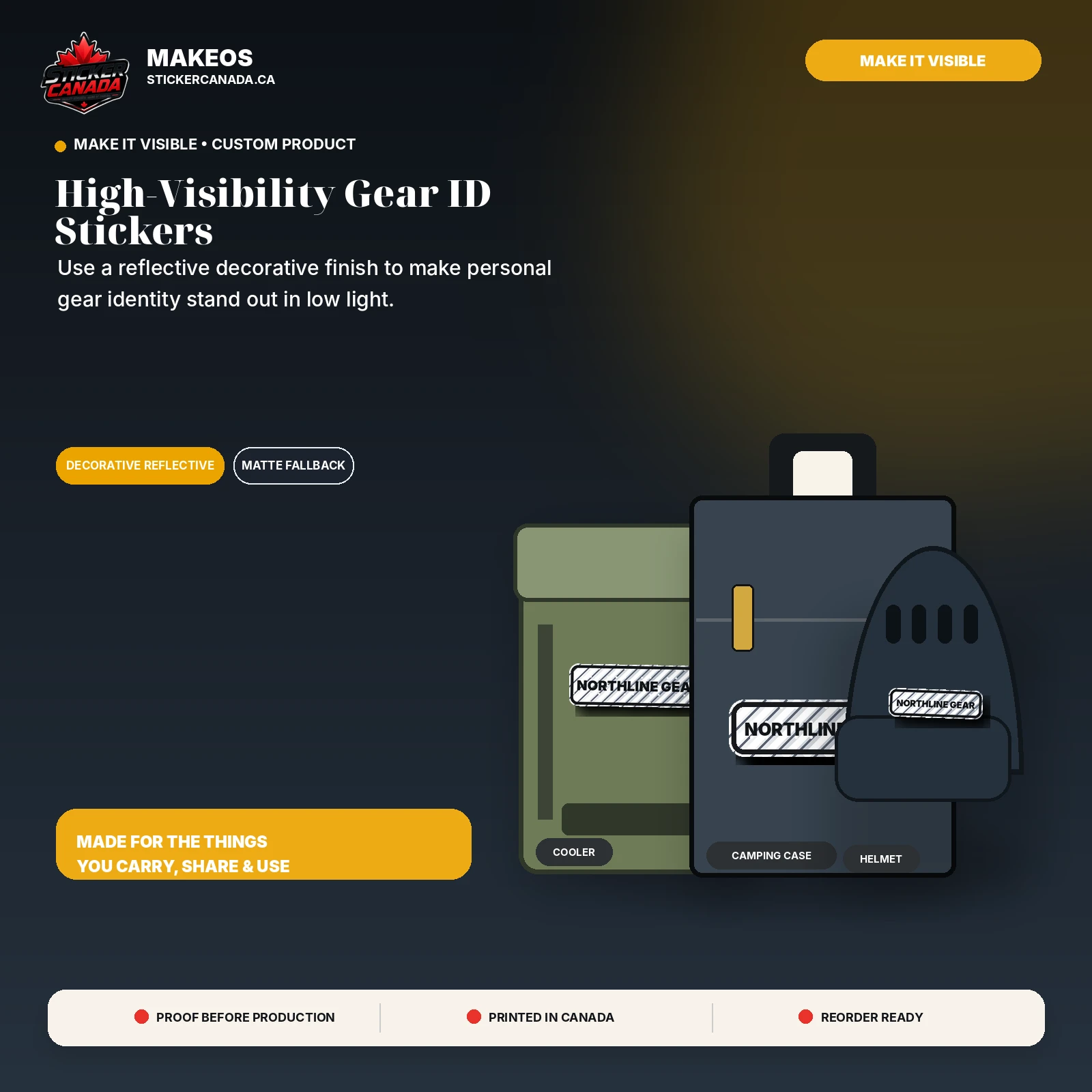 High-Visibility Gear ID Stickers product overview for cooler, camping case, helmet