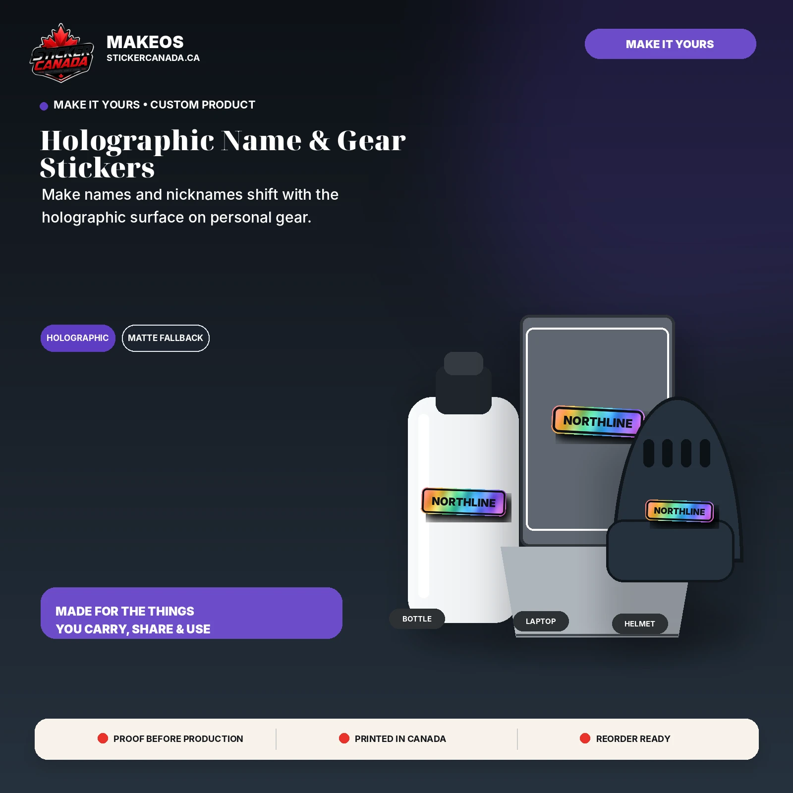 Holographic Name & Gear Stickers product overview for water bottle, laptop, helmet