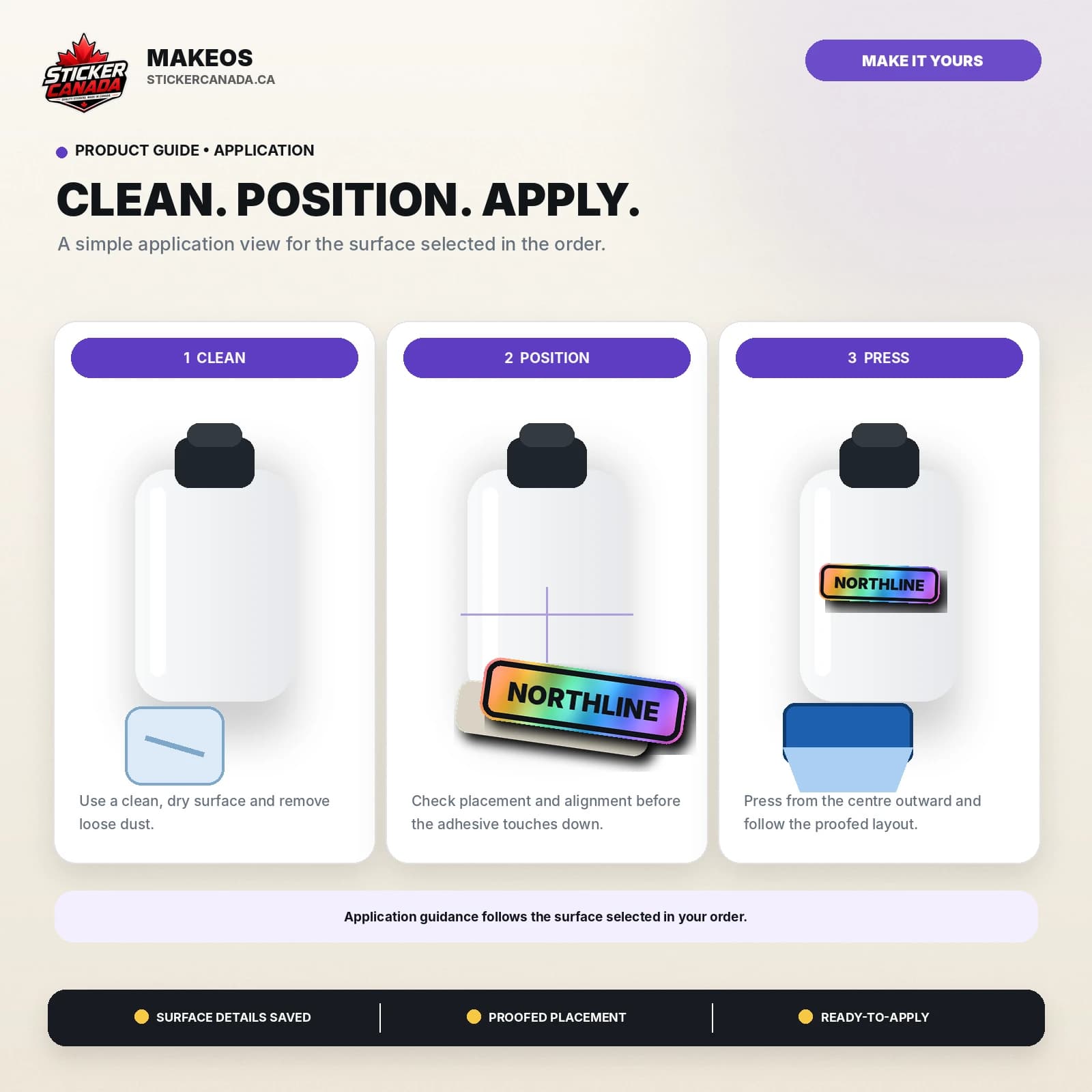 Holographic Name & Gear Stickers application steps for water bottle, laptop, helmet