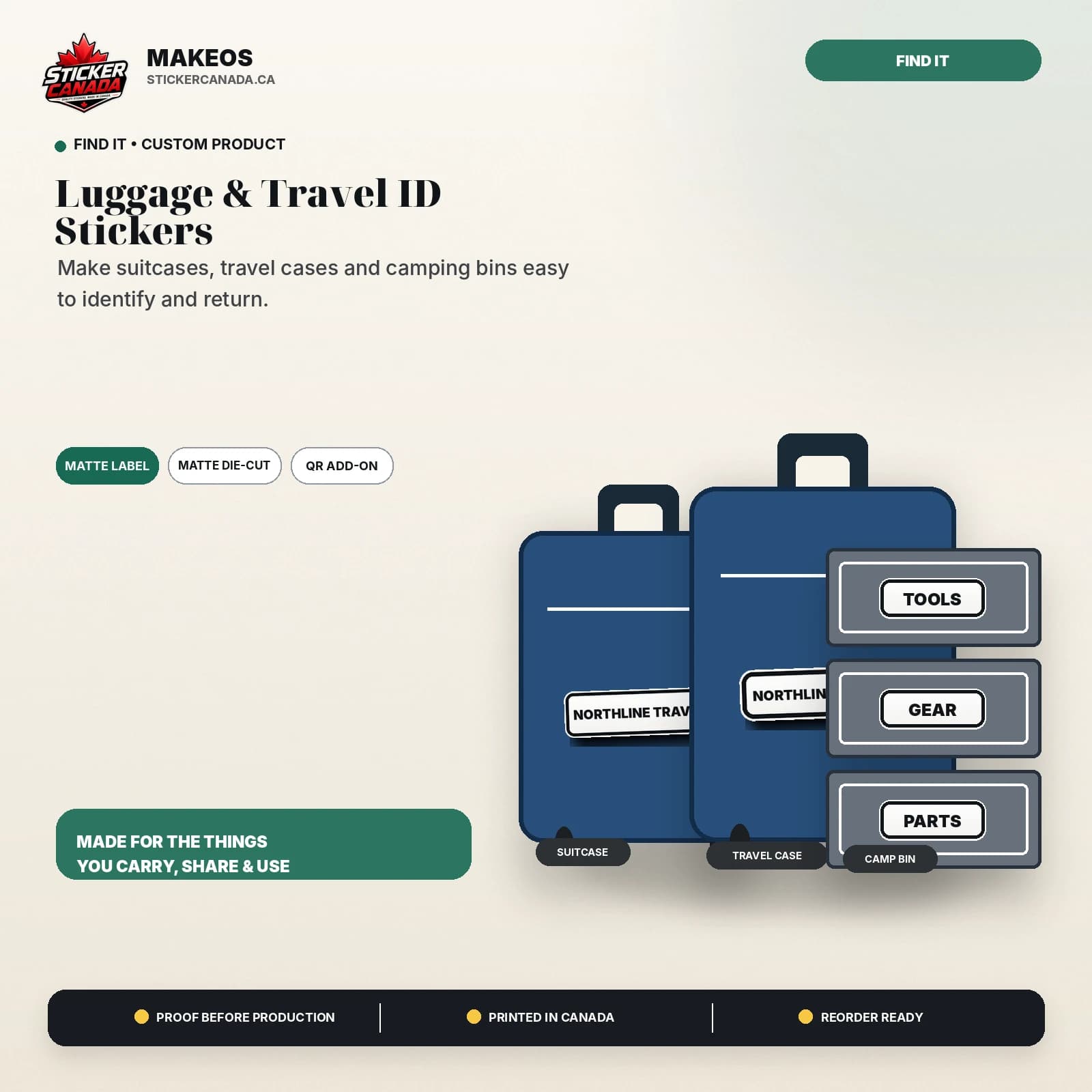 Luggage & Travel ID Stickers product overview for suitcase, travel case, camping bin
