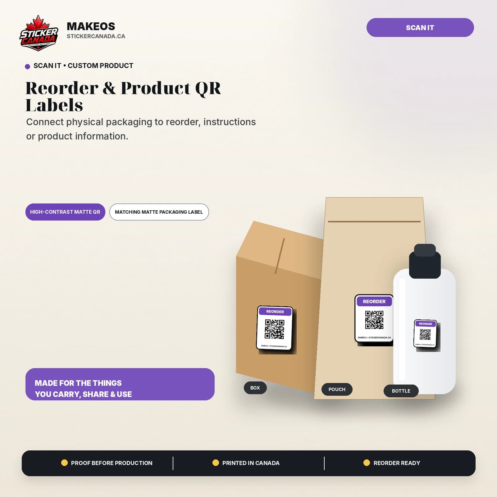 Reorder & Product QR Labels product overview for box, pouch, bottle