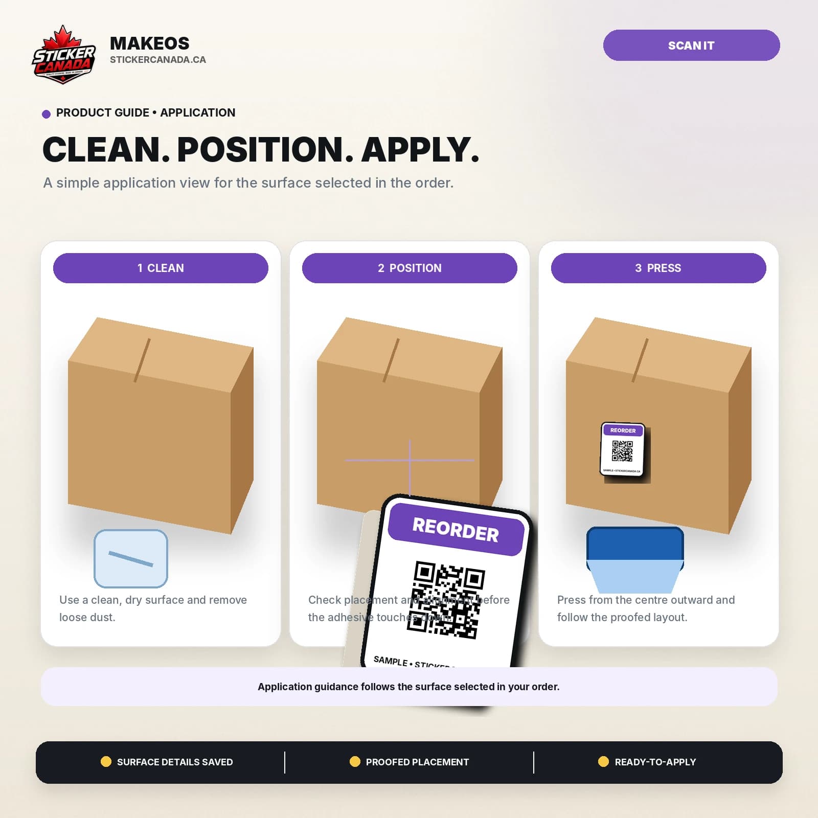 Reorder & Product QR Labels application steps for box, pouch, bottle