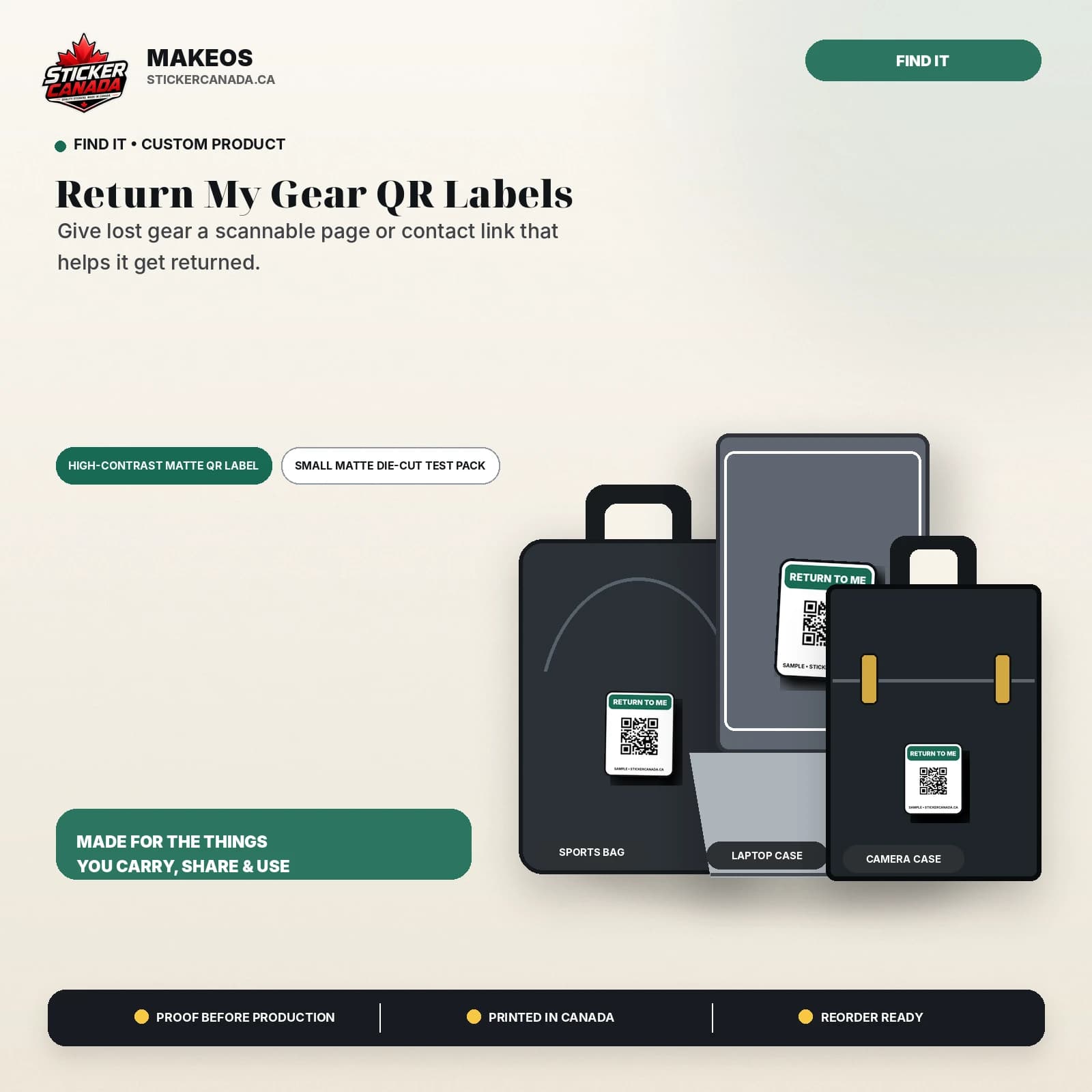 Return My Gear QR Labels product overview for sports bag, laptop case, camera case