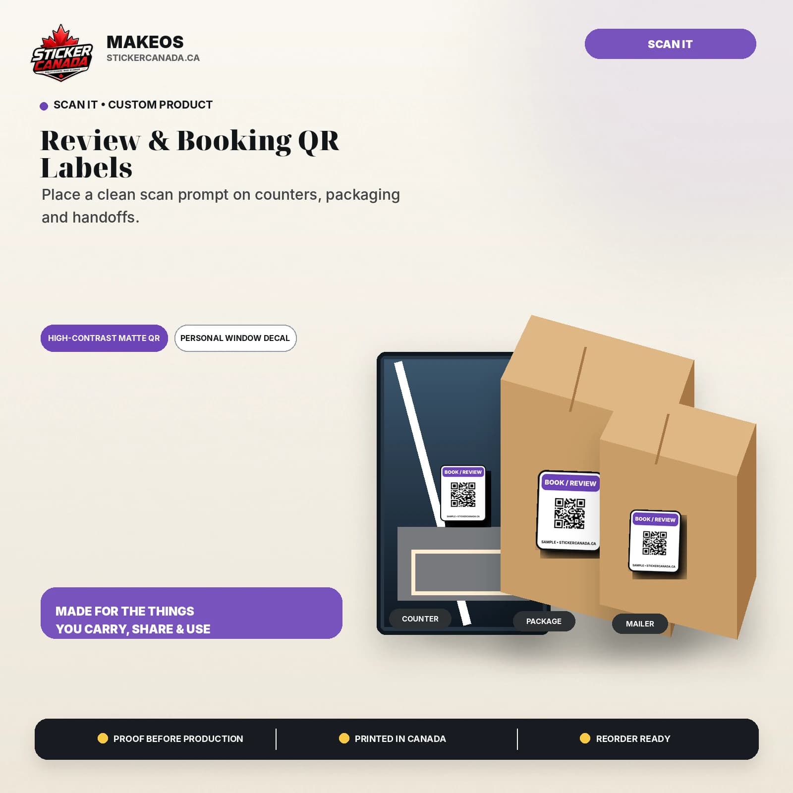 Review & Booking QR Labels product overview for counter, package, mailer