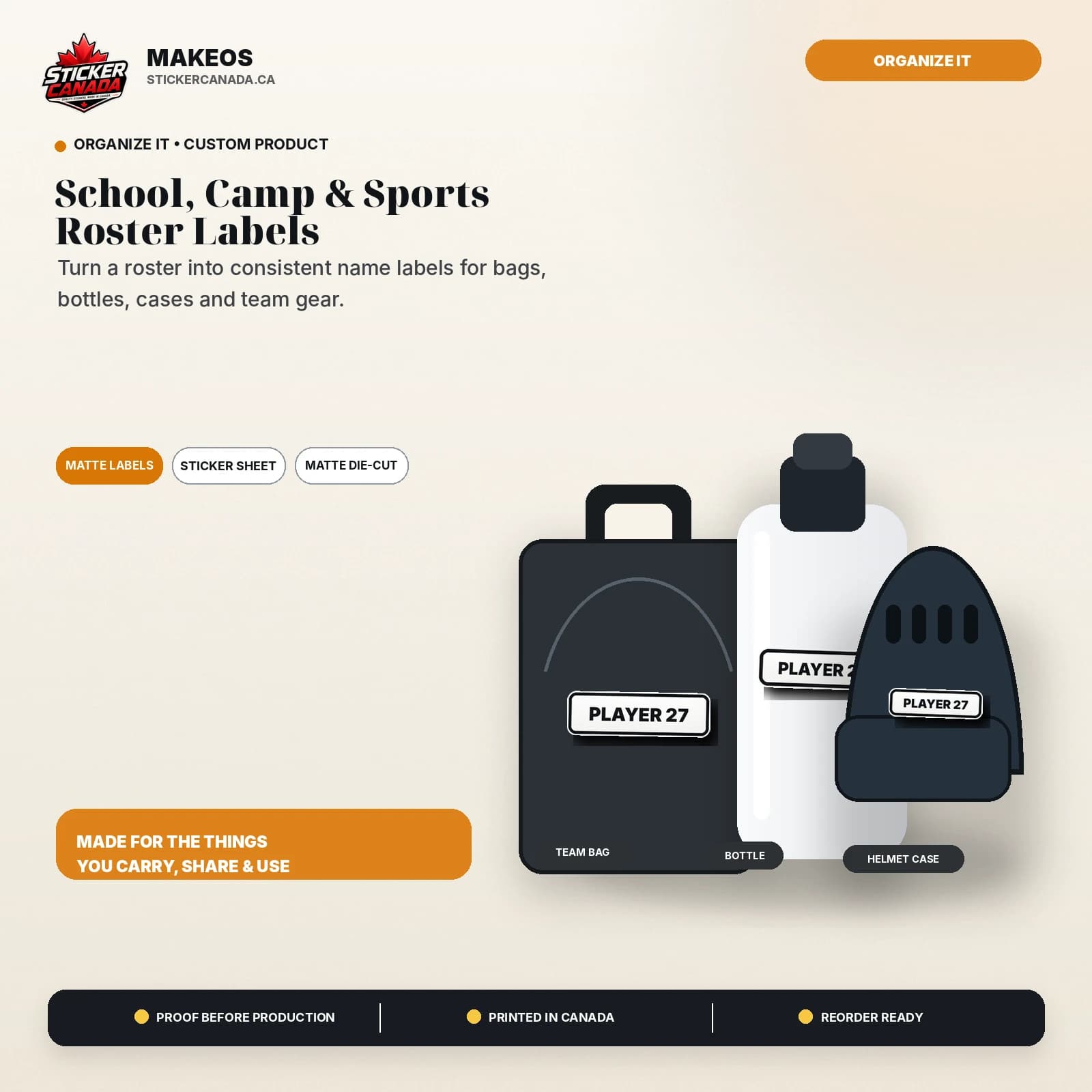 School, Camp & Sports Roster Labels product overview for team bag, water bottle, helmet case