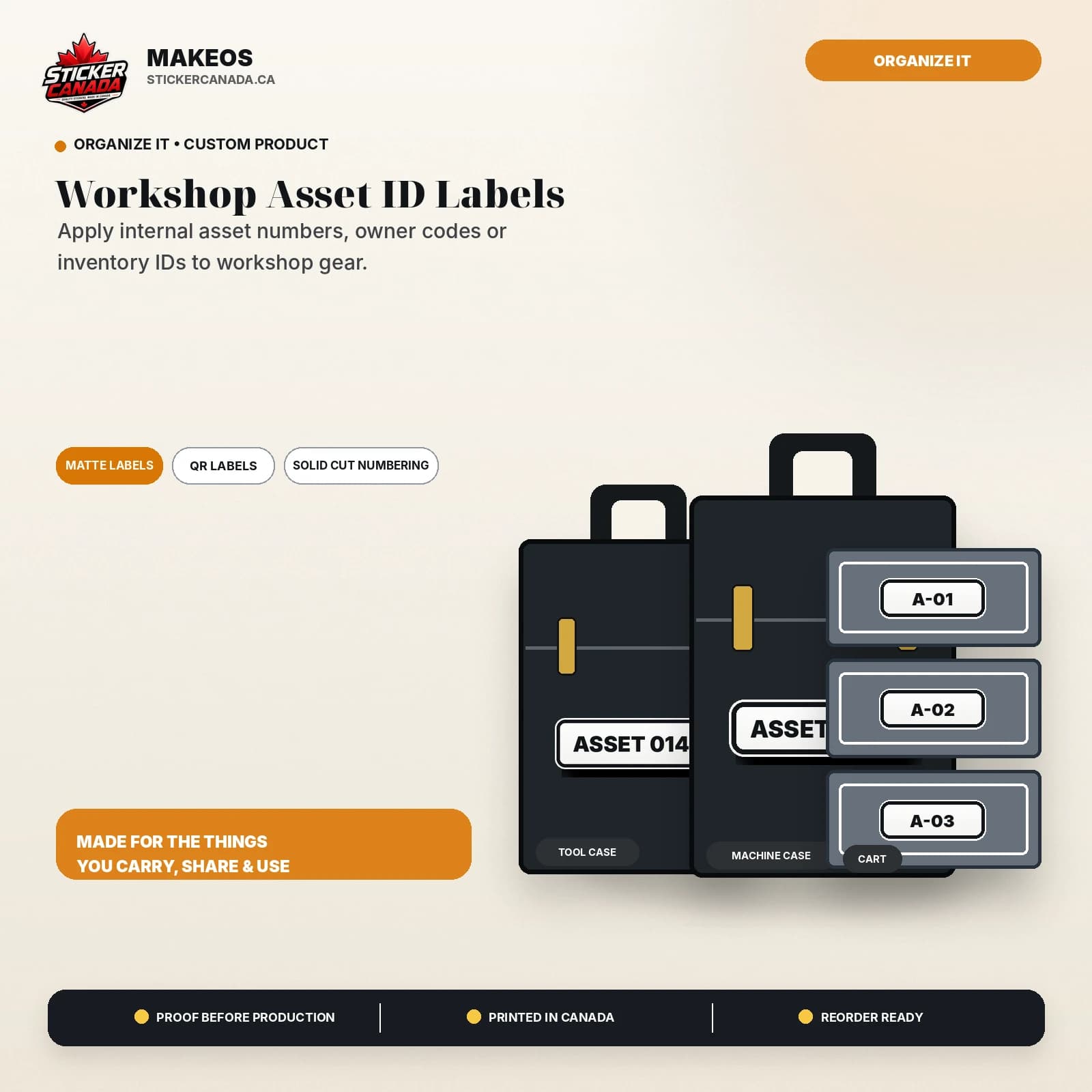 Workshop Asset ID Labels product overview for tool case, machine case, cart