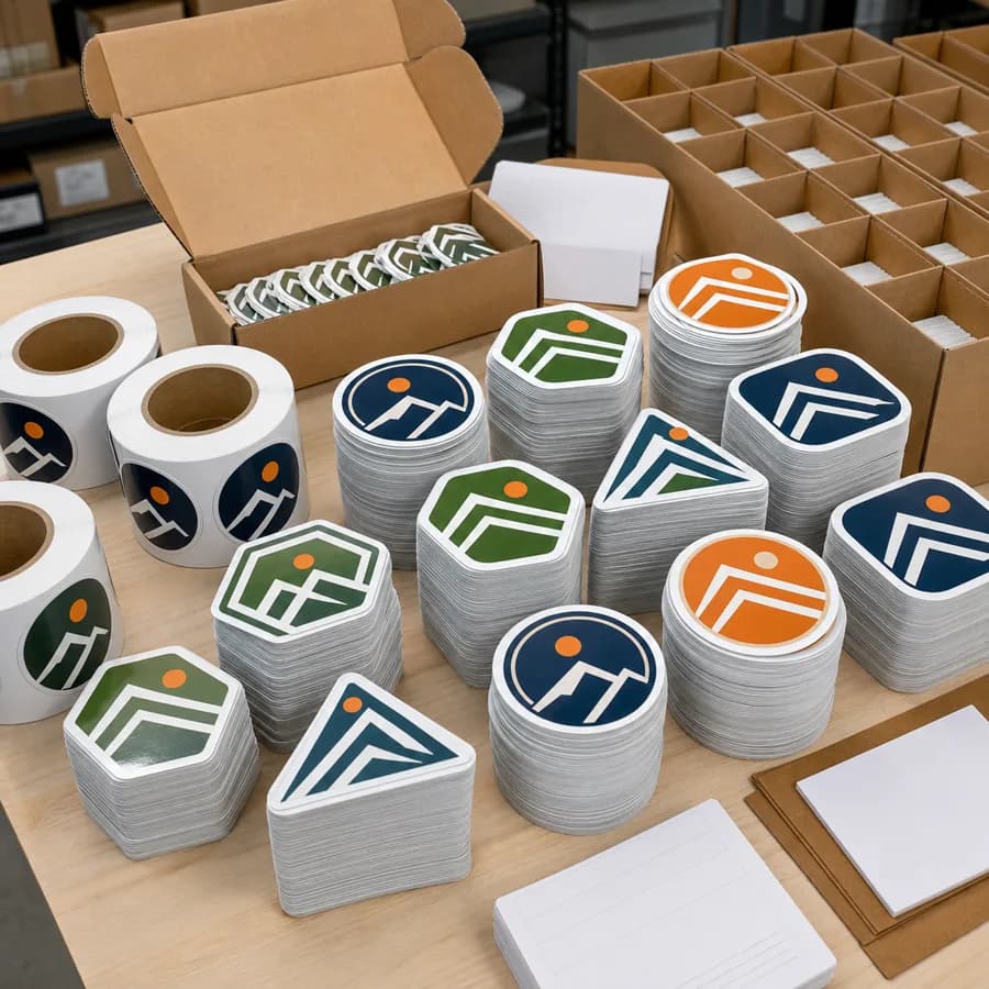 Cartons of bulk logo stickers packed for reorder