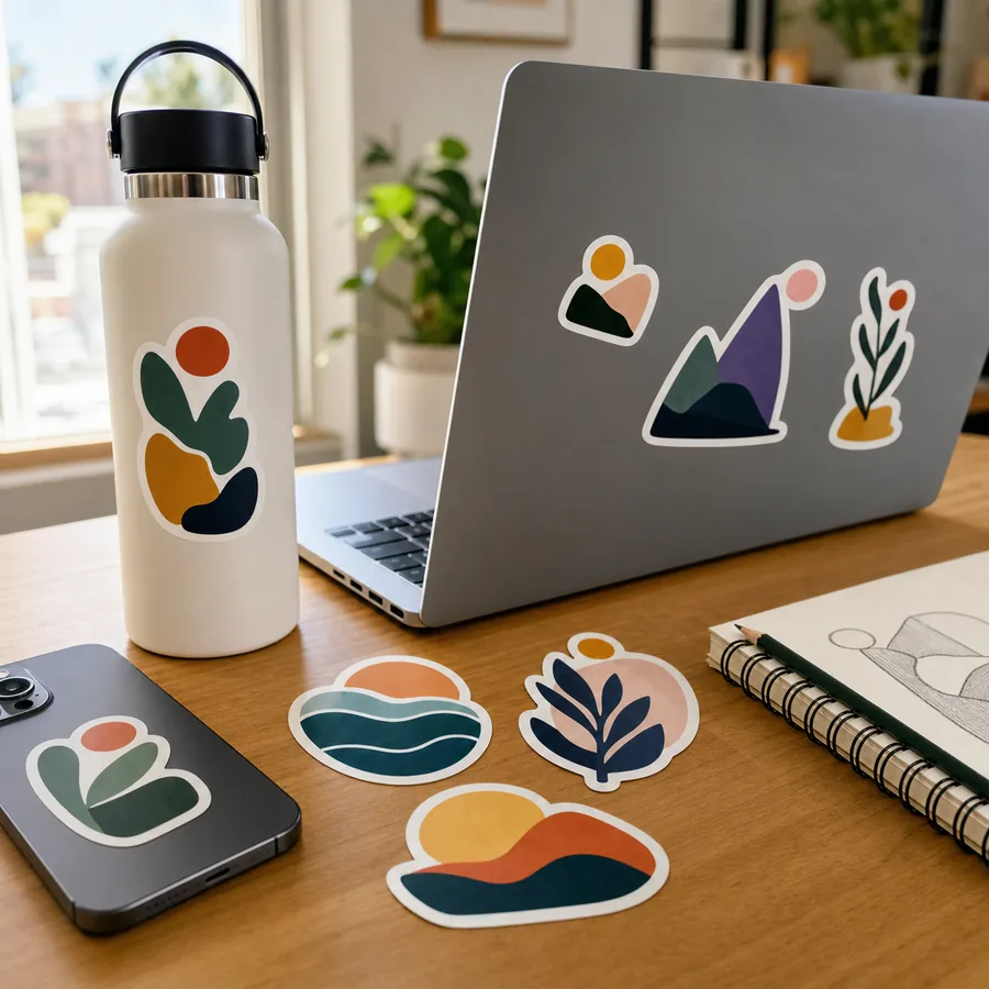 Custom die-cut stickers on a creator desk with artwork and finished stickers