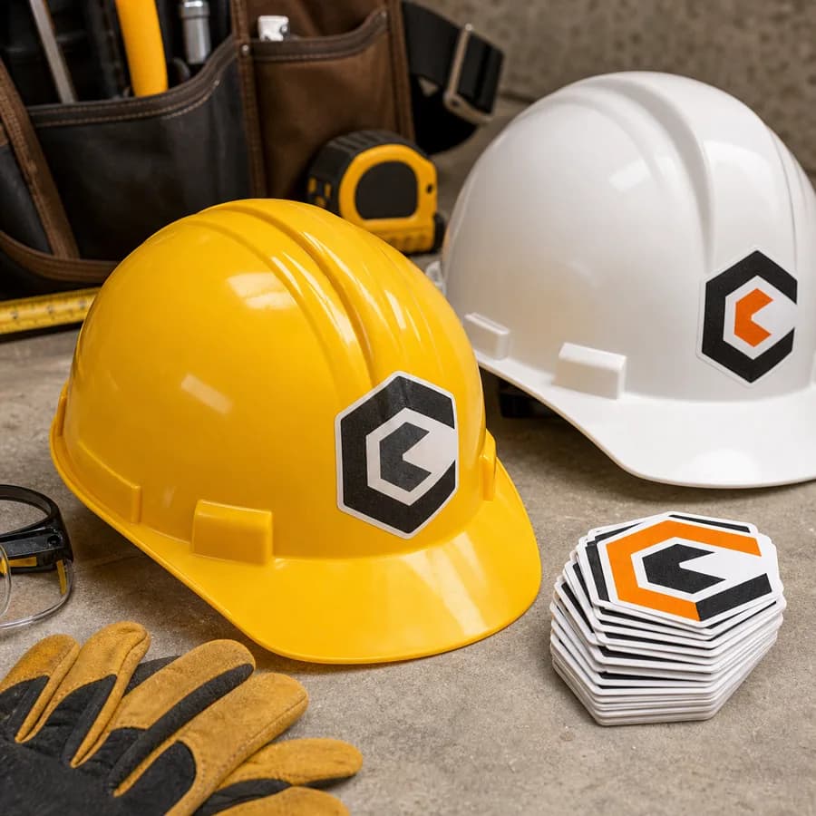 Custom crew stickers on hard hats and work gear