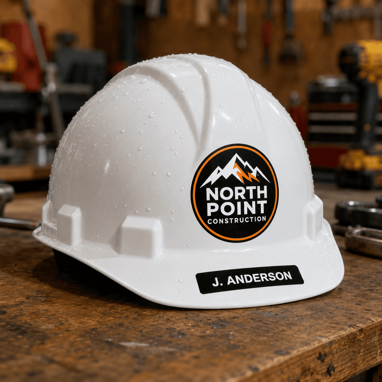 Custom logo hard hat stickers and name labels for a crew pack