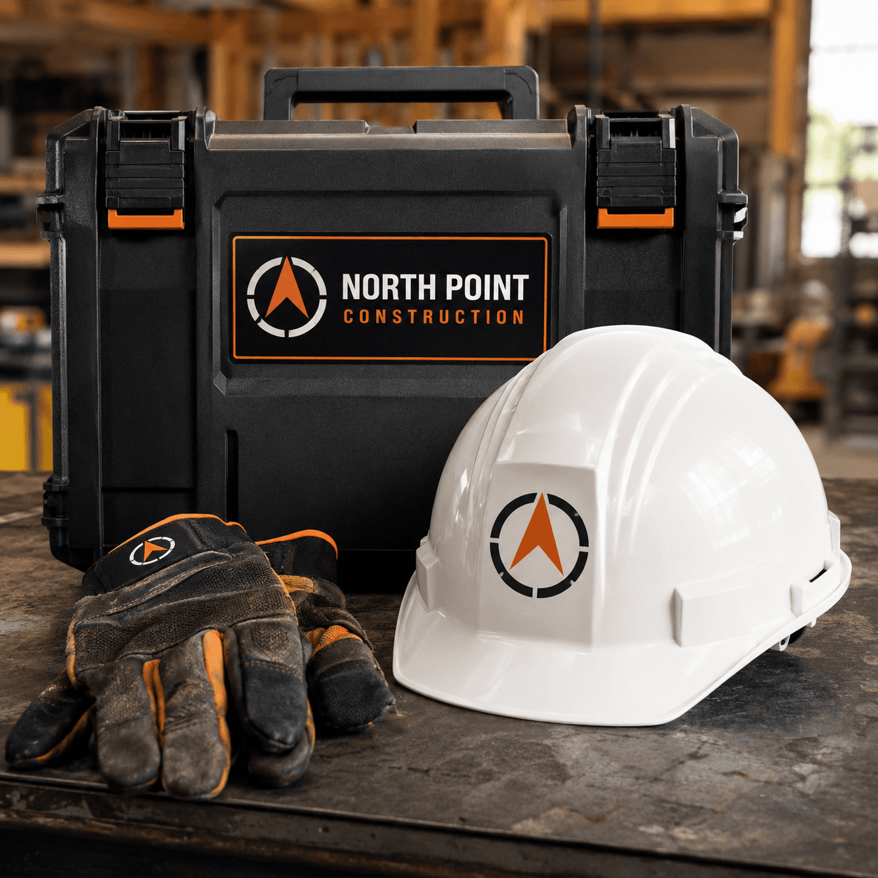 Crew logo stickers applied to hard hats toolboxes and jobsite gear