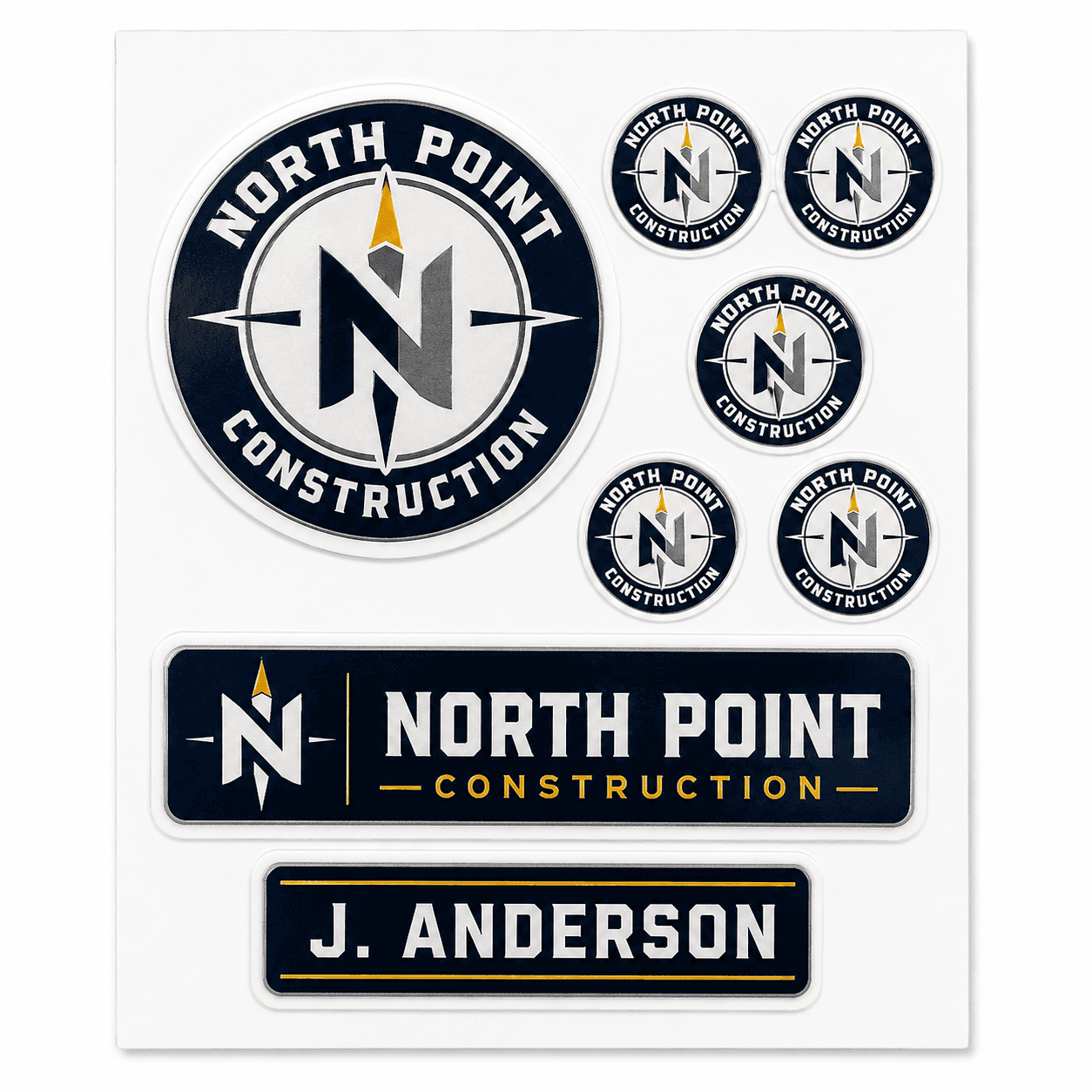 Hard hat logo sticker sheet with name label and badge sizes