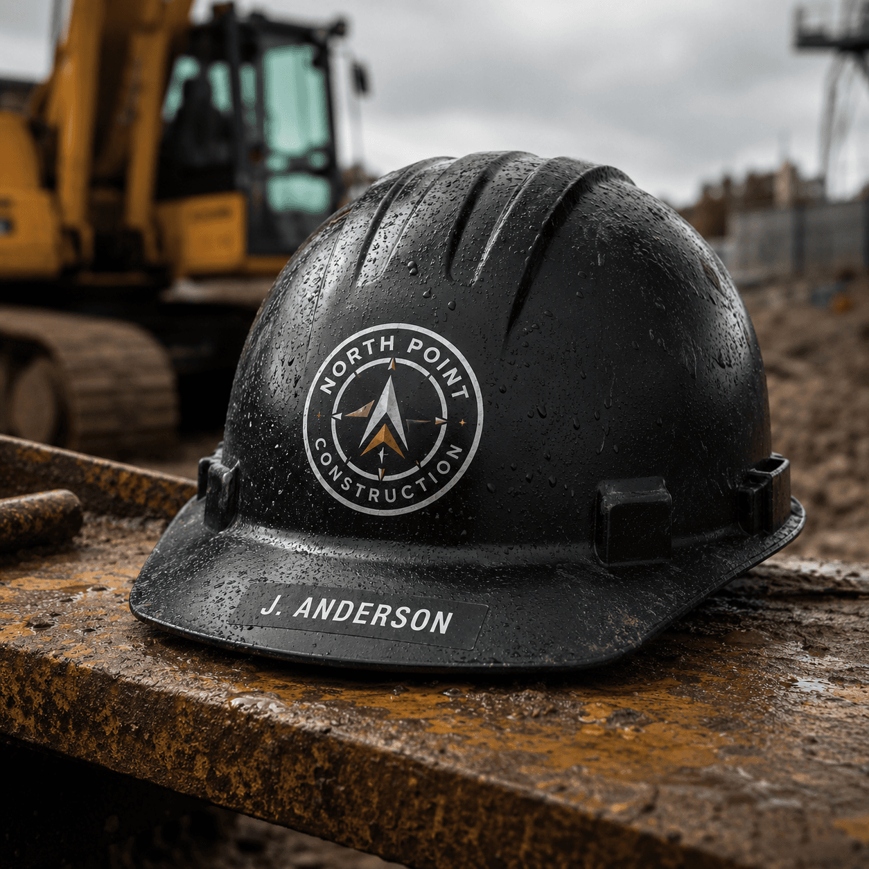 Outdoor jobsite hard hat stickers in tough wet conditions