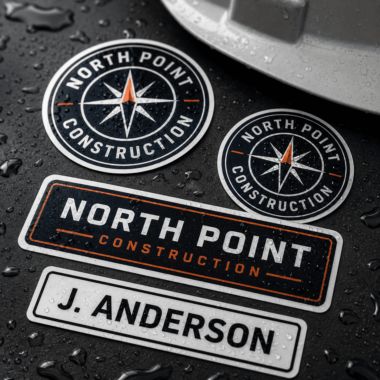 Waterproof hard hat sticker close up on a wet surface
