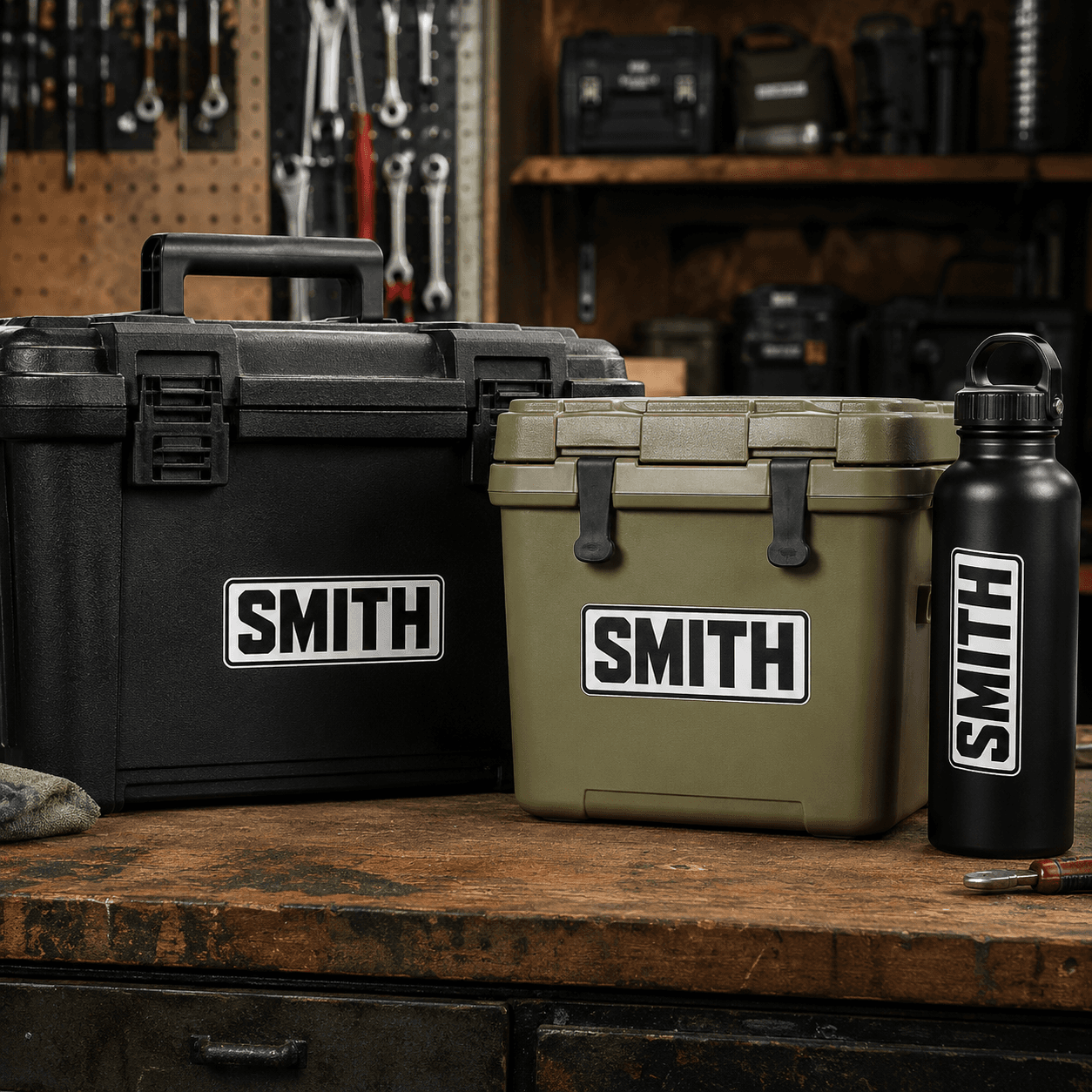 Custom name sticker pack on a cooler bottle and laptop