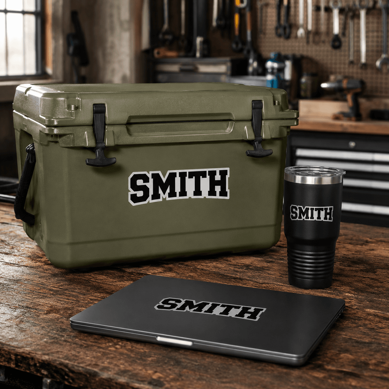 Custom gear stickers on toolboxes bottles and everyday gear