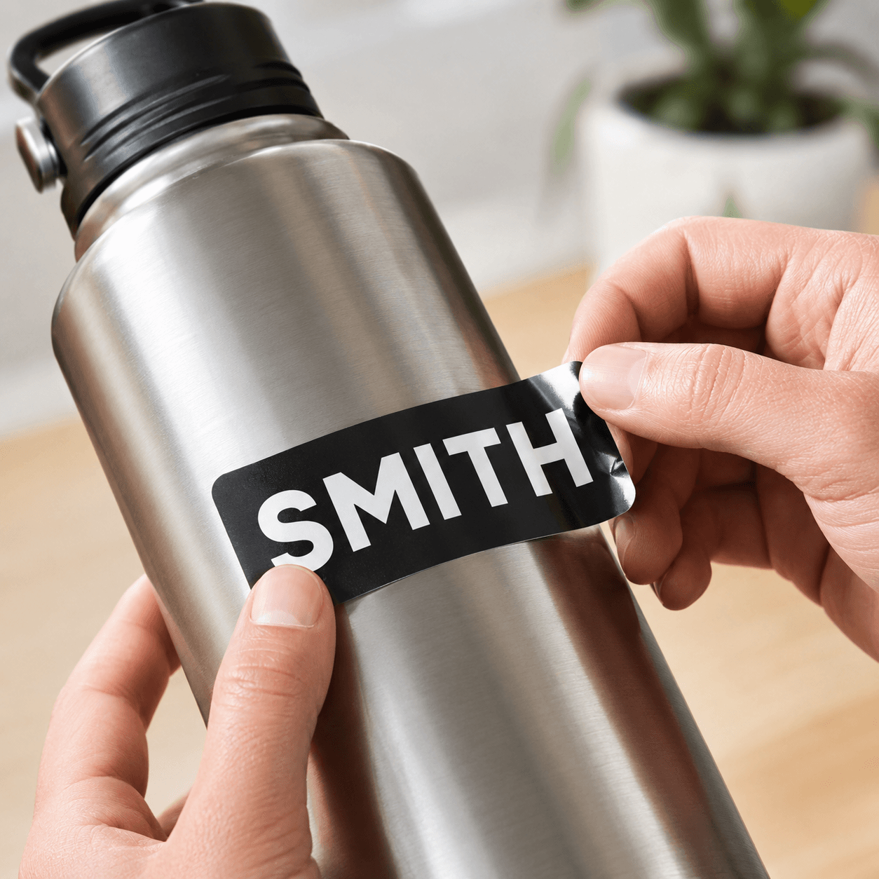 Applying a custom name sticker to a bottle