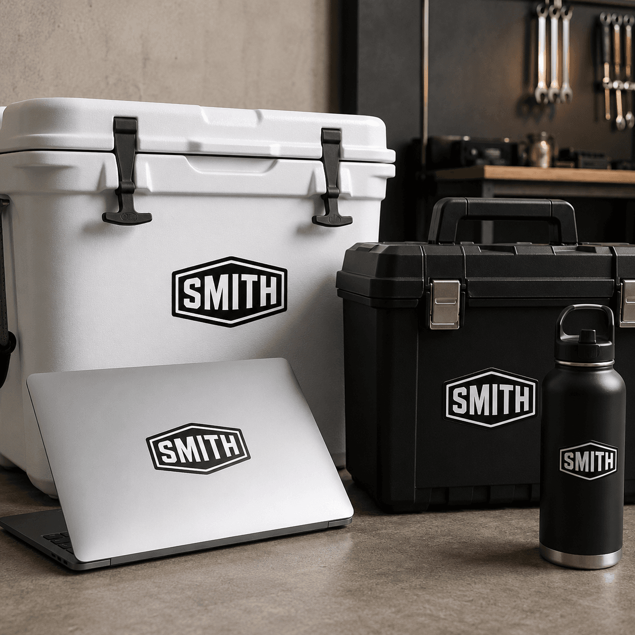 Custom name stickers used across multiple personal gear objects