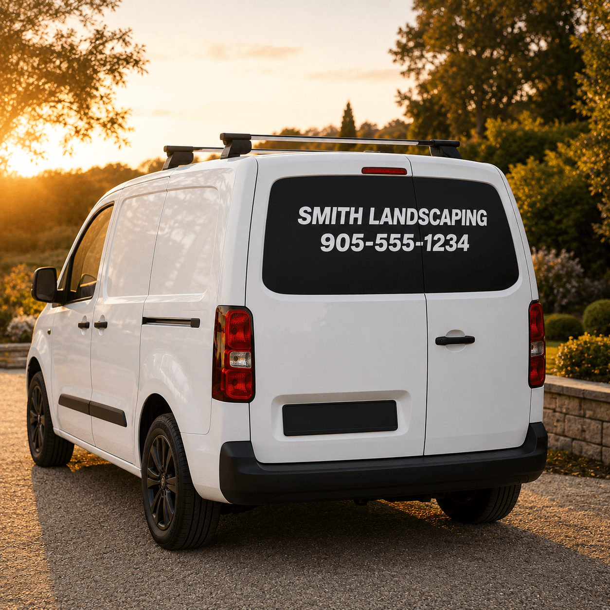 Business decal applied to a van rear window