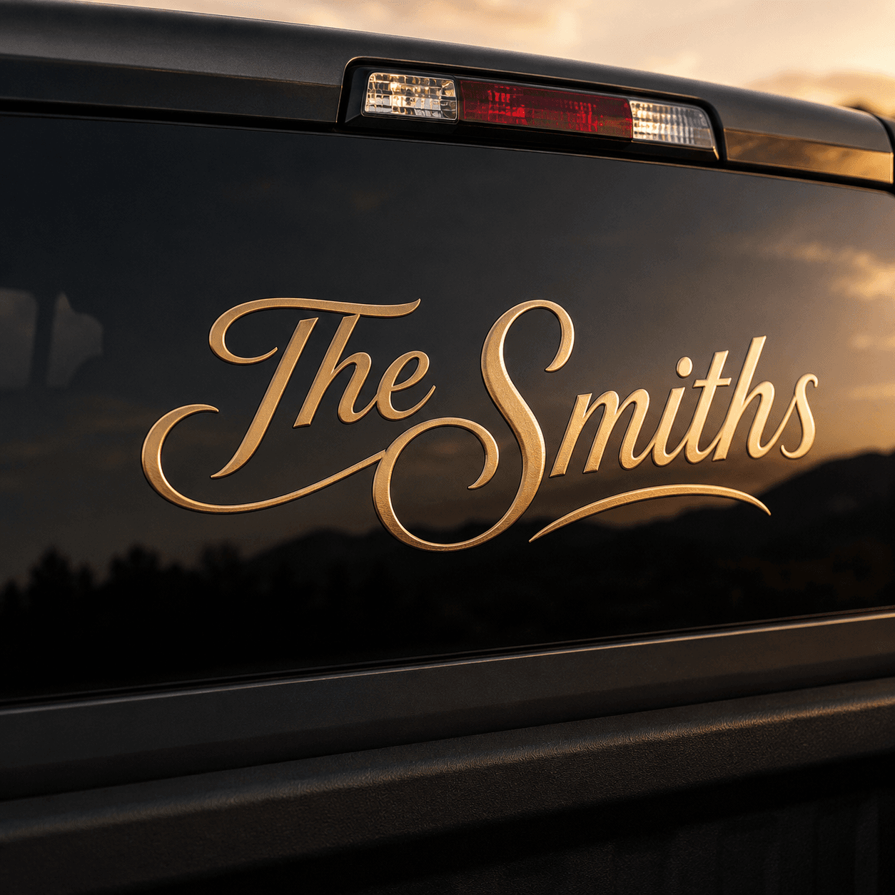 Premium metallic family name window decal on vehicle glass