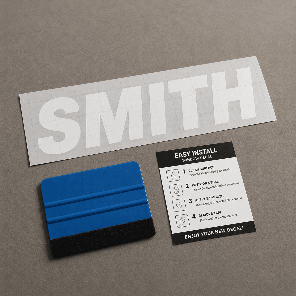 Window decal kit with transfer tape squeegee and install instructions