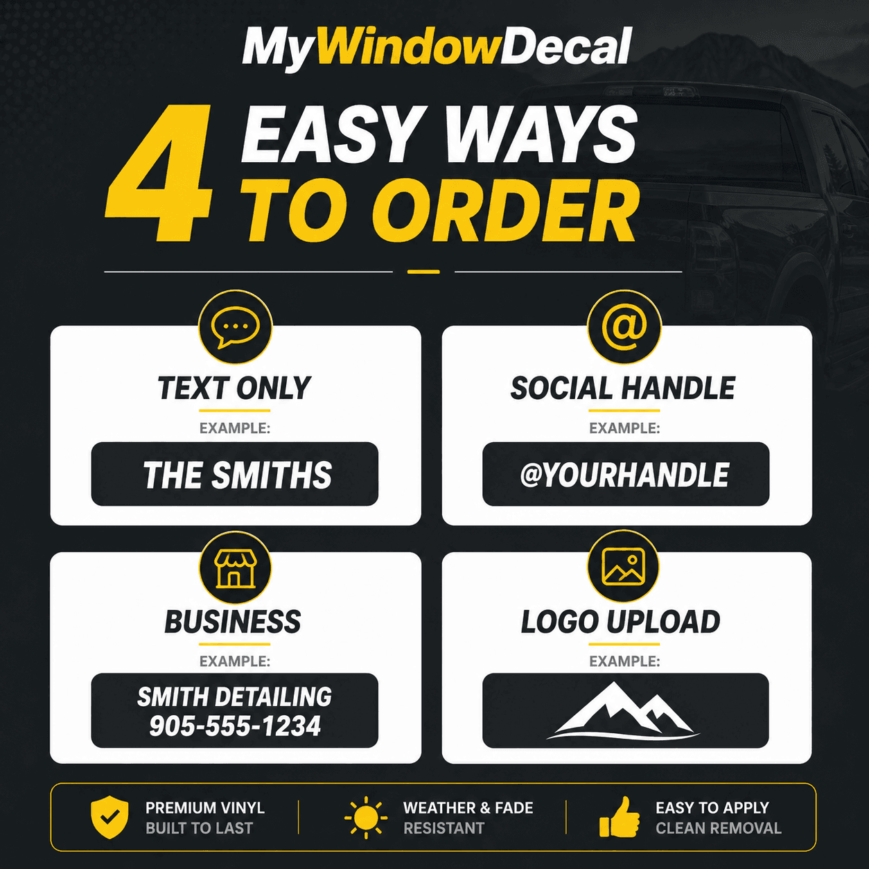 Four ways to order a custom window decal text handle business or logo upload
