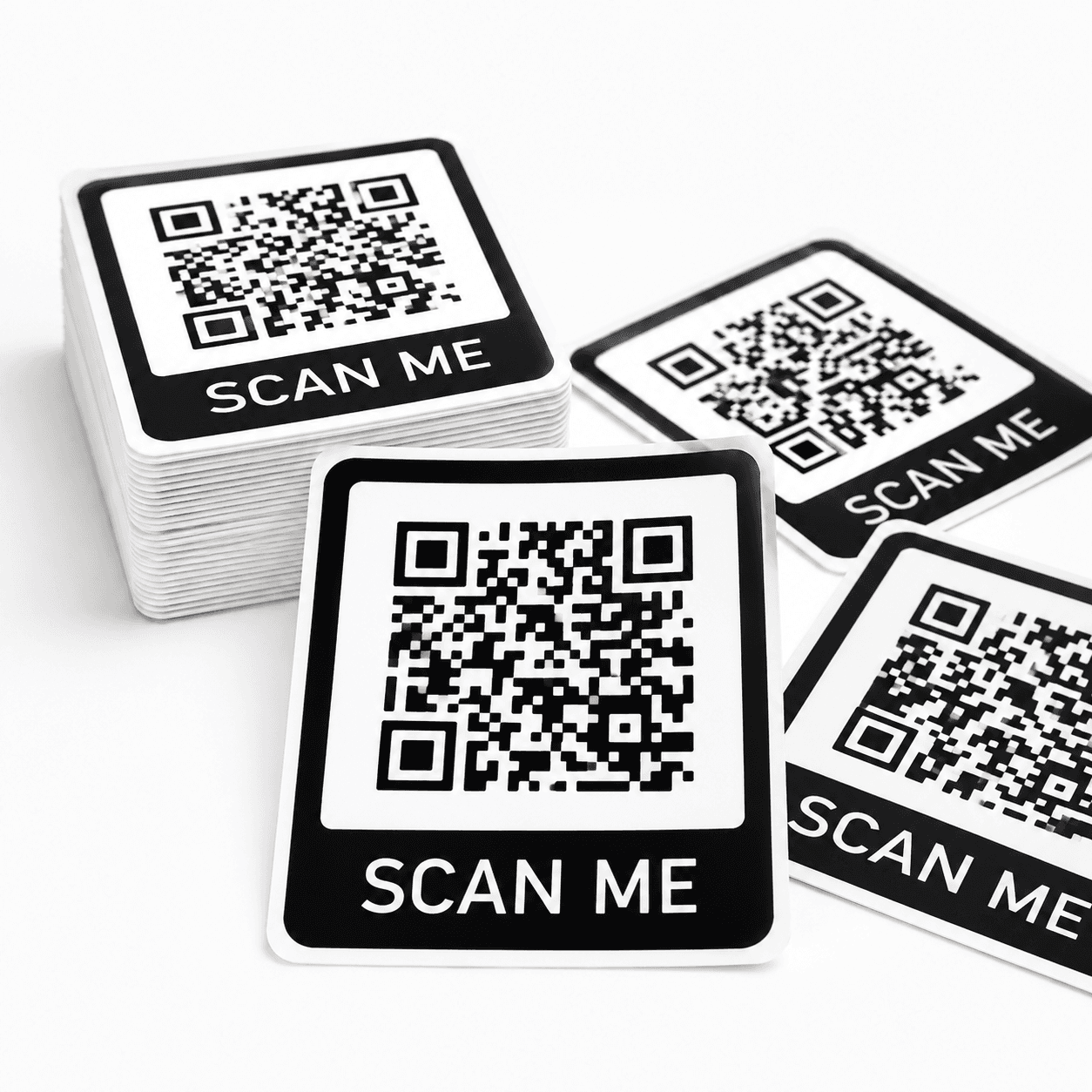 Custom Scan Me QR code stickers printed in black and white