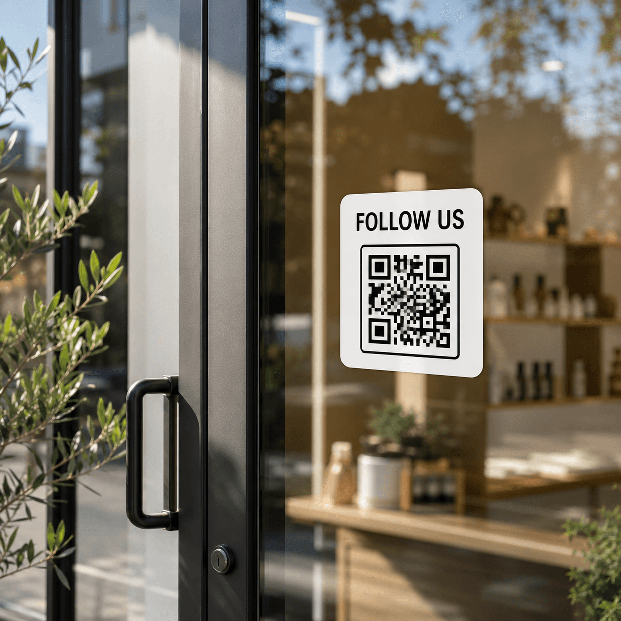 Follow us QR code sticker applied to a storefront window
