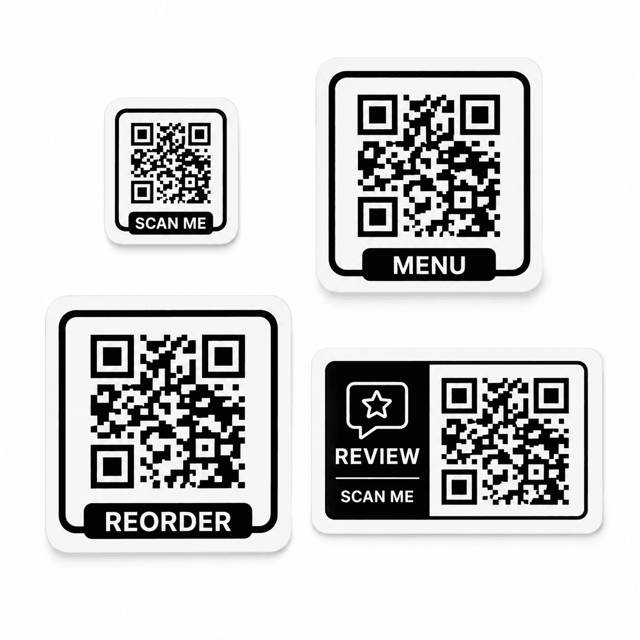 Multiple custom QR code sticker layouts for menu review reorder and scan me uses