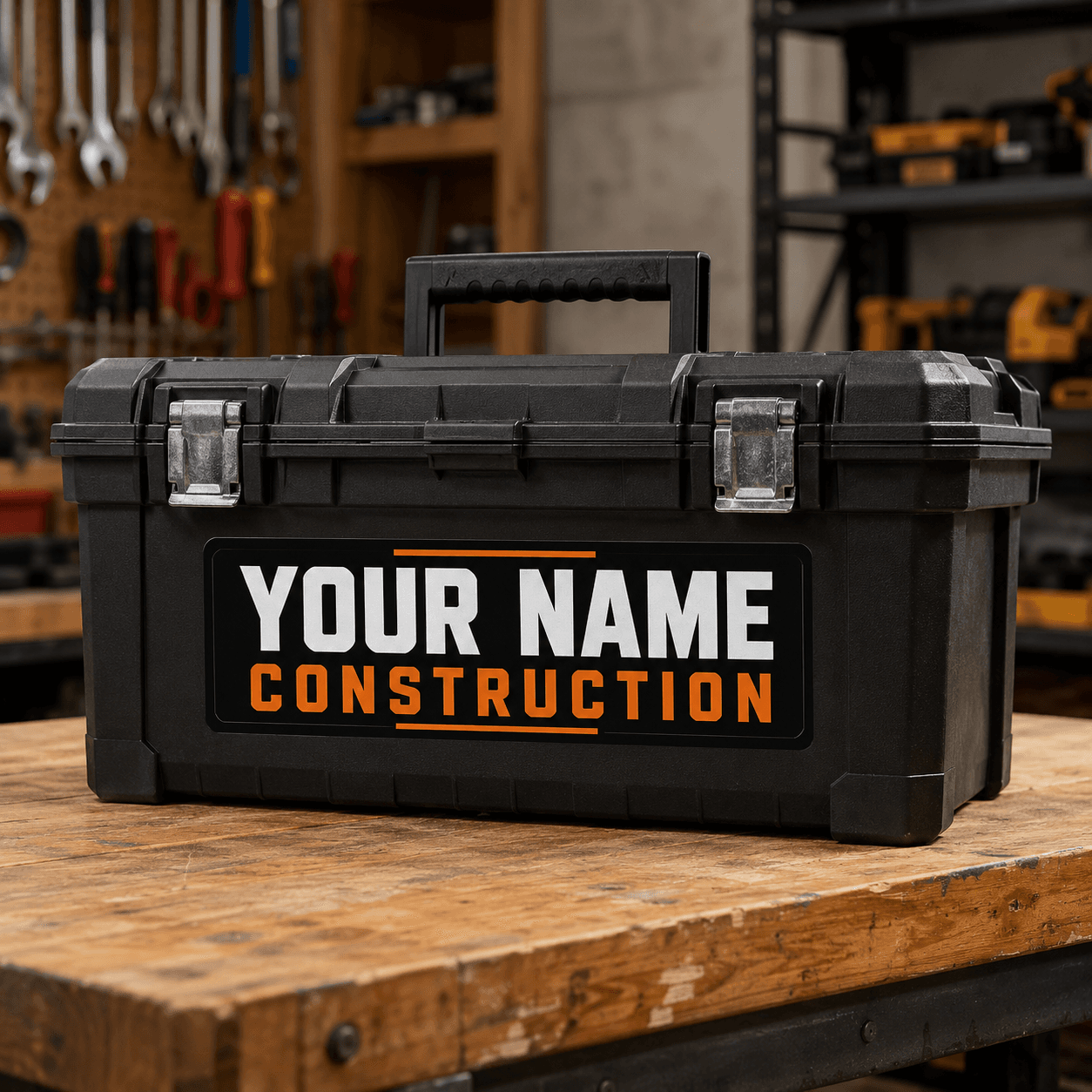 Custom construction toolbox name decal on jobsite gear