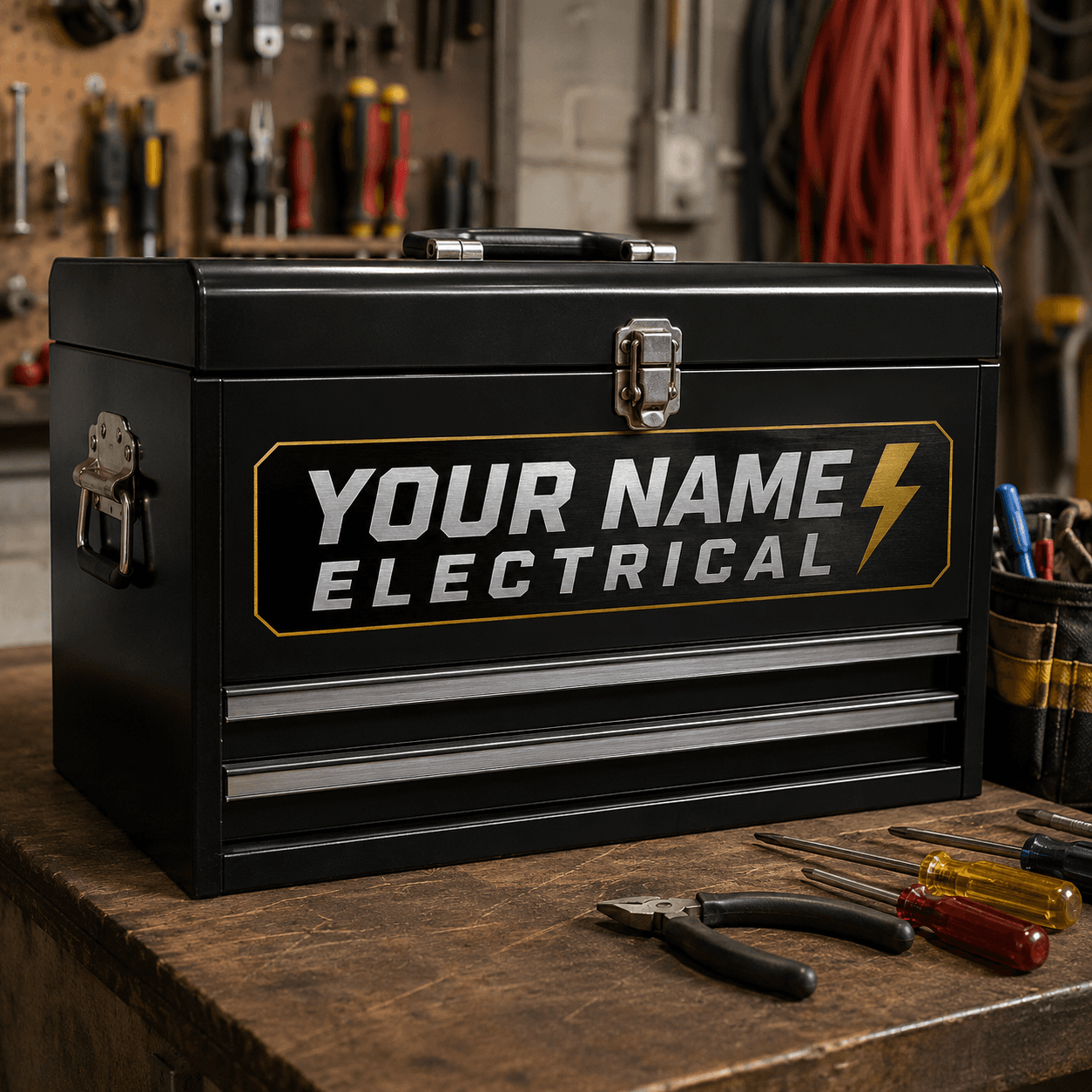 Custom electrician toolbox name decal on a trade toolbox