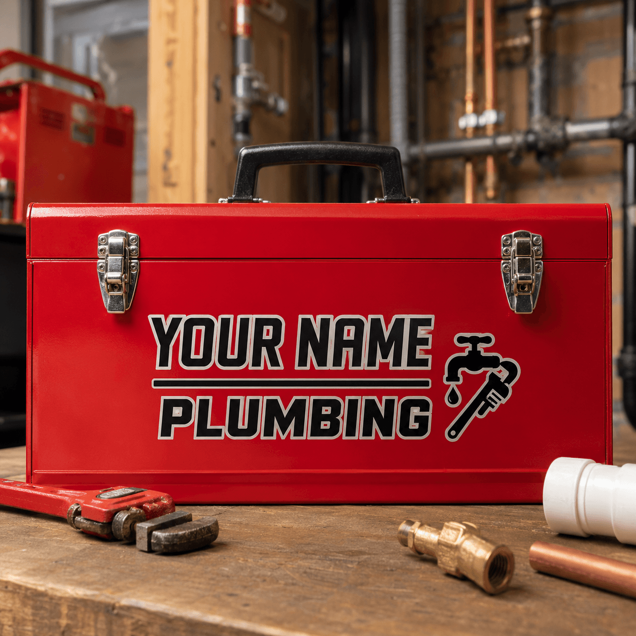 Custom plumbing toolbox name decal on work gear