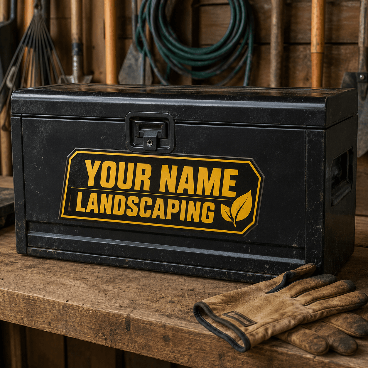 Custom landscaping toolbox name decal on outdoor work gear
