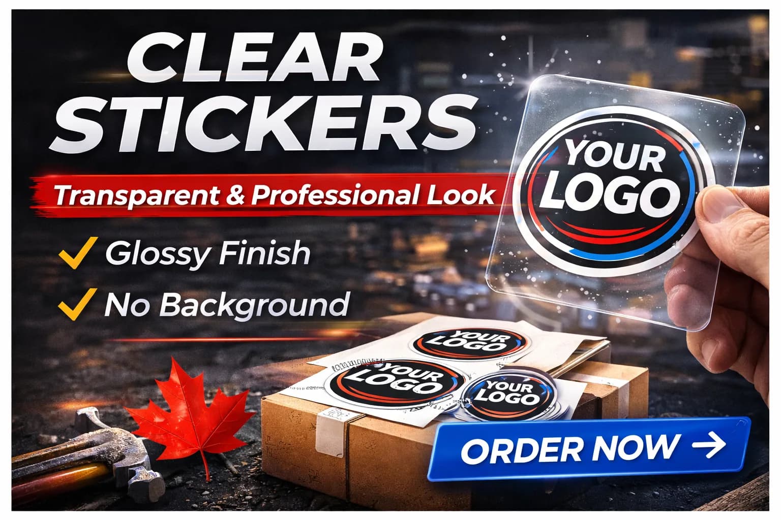 Clear custom stickers with a printed logo, held up to the light and applied to a shipping box