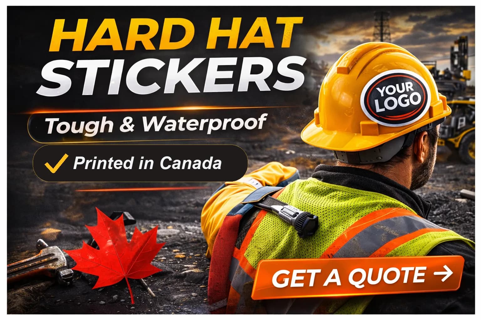 Custom hard hat stickers on a worker helmet at a Canadian job site