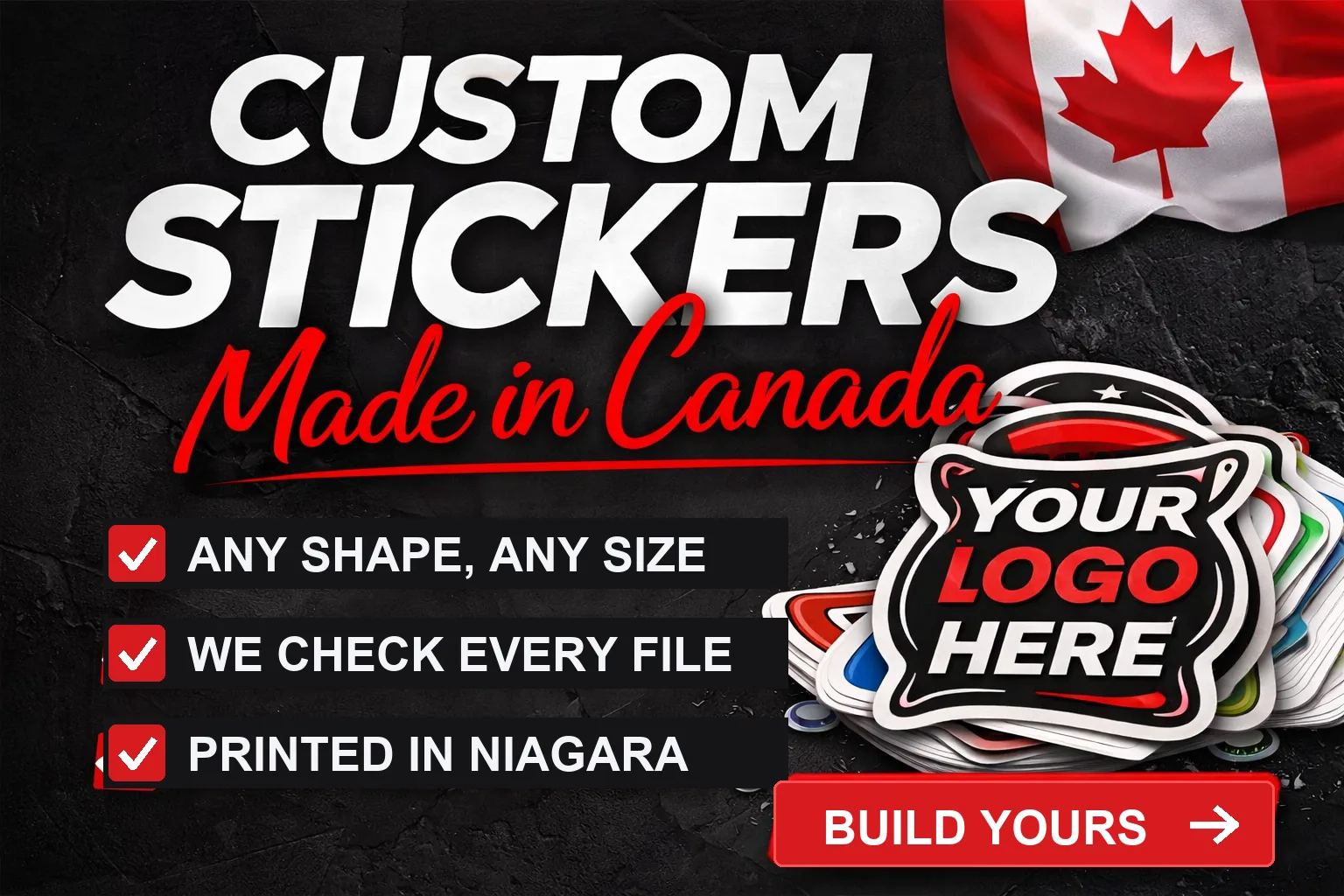 Custom stickers made in Canada, shown as a stack of die-cut logo decals beside a Canadian flag