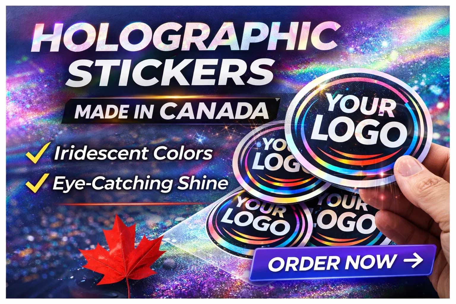 Custom holographic stickers printed in Canada, shown as round logo decals with a rainbow colour shift