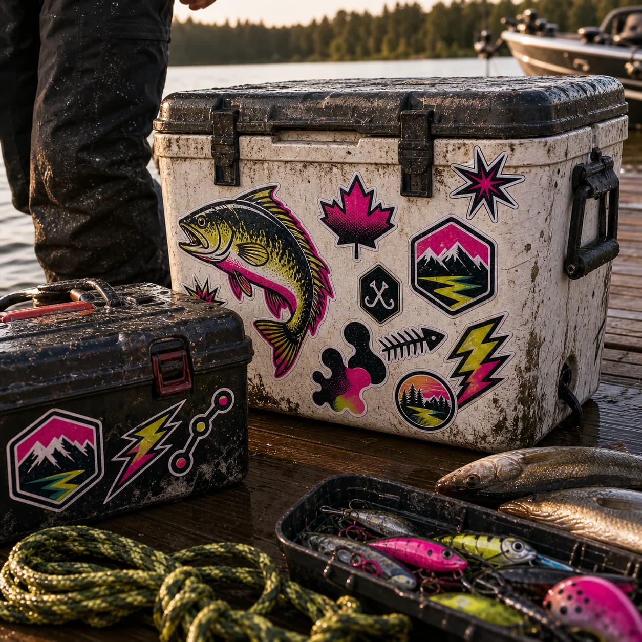 Custom die-cut symbol stickers on a cooler lid