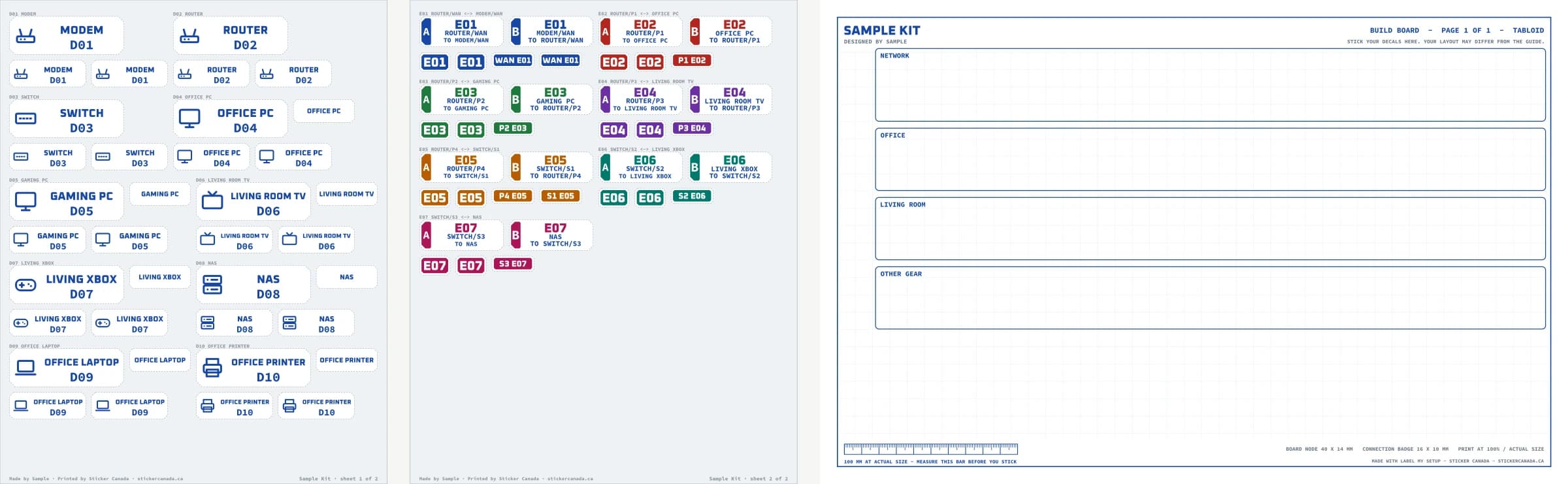 The whole sample kit: 2 label sheets with 74 pieces, and the blank build board you print