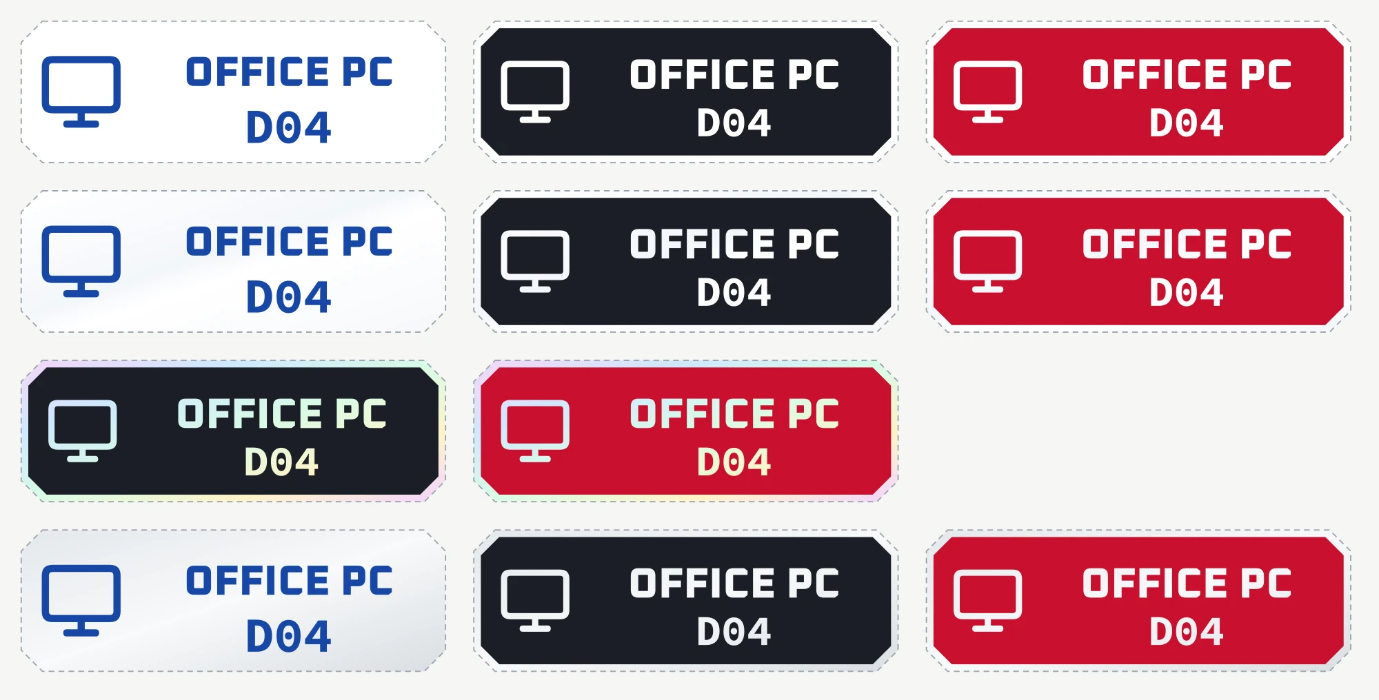 The same device label on matte white, gloss white, holographic and reflective stock in each offered look