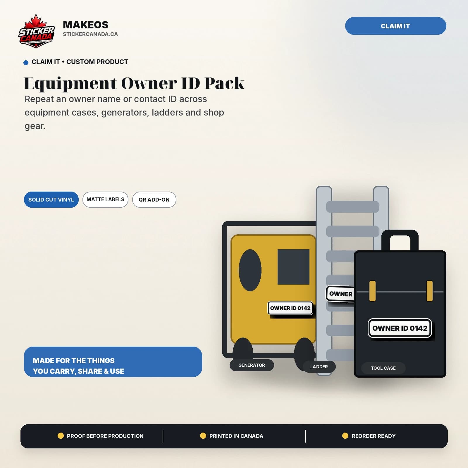 Equipment Owner ID Pack product overview for generator, ladder, tool case