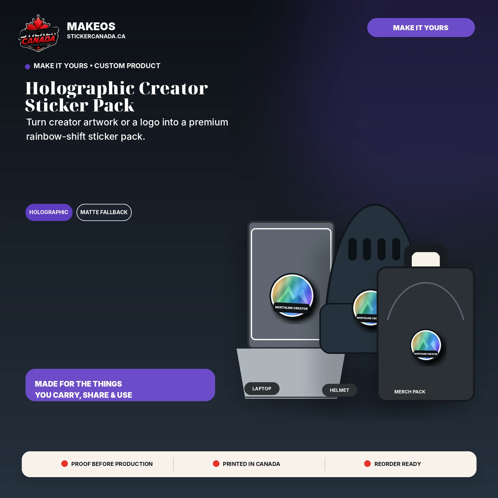 Holographic Creator Sticker Pack product overview for laptop, helmet, merch pack